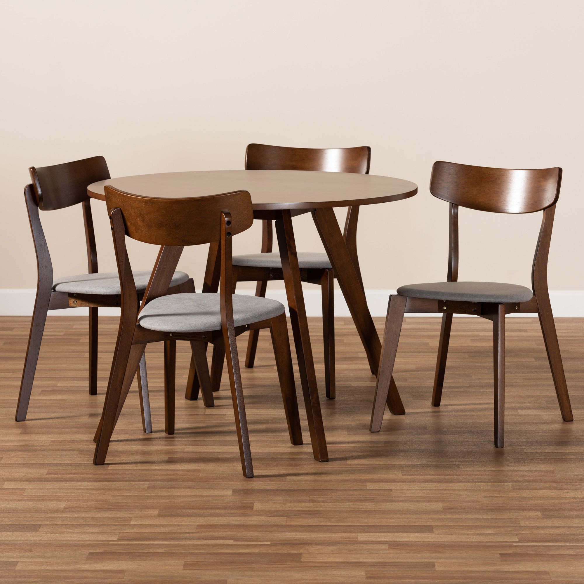 Baxton Studio Rika Mid-Century Modern Transitional Light Grey Fabric Upholstered and Walnut Brown Finished Wood 5-Piece Dining Set