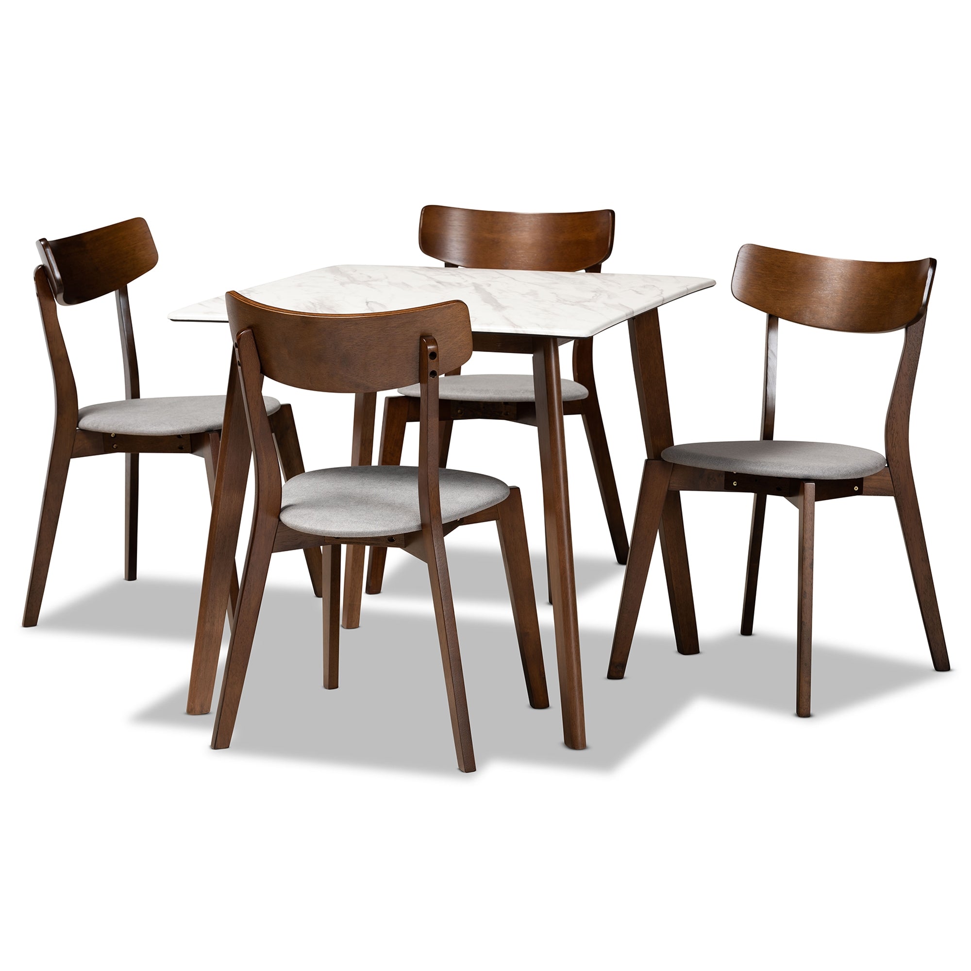 Baxton Studio Reba Mid-Century Modern Light Grey Fabric Upholstered and Walnut Brown Finished Wood 5-Piece Dining Set with Faux Marble Dining Table