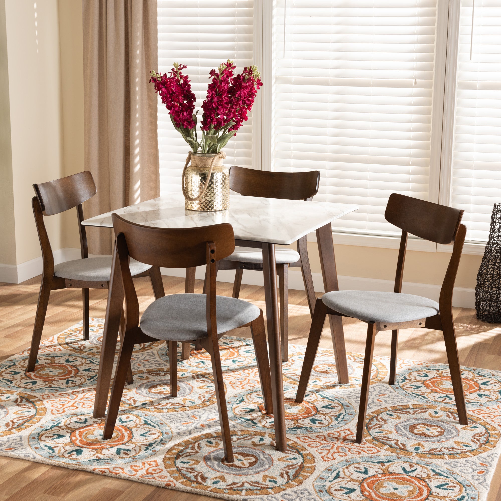 Baxton Studio Reba Mid-Century Modern Light Grey Fabric Upholstered and Walnut Brown Finished Wood 5-Piece Dining Set with Faux Marble Dining Table