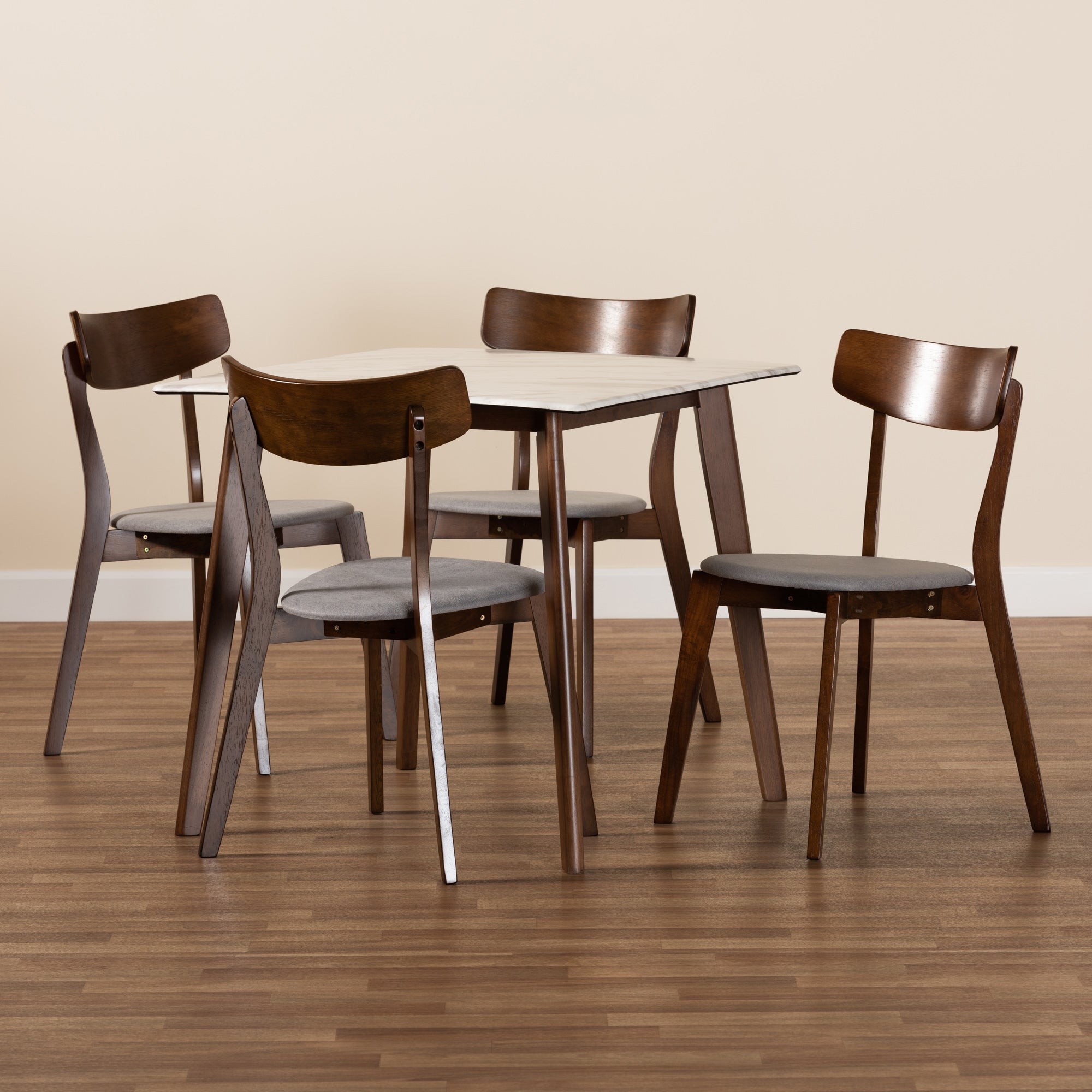 Baxton Studio Reba Mid-Century Modern Light Grey Fabric Upholstered and Walnut Brown Finished Wood 5-Piece Dining Set with Faux Marble Dining Table