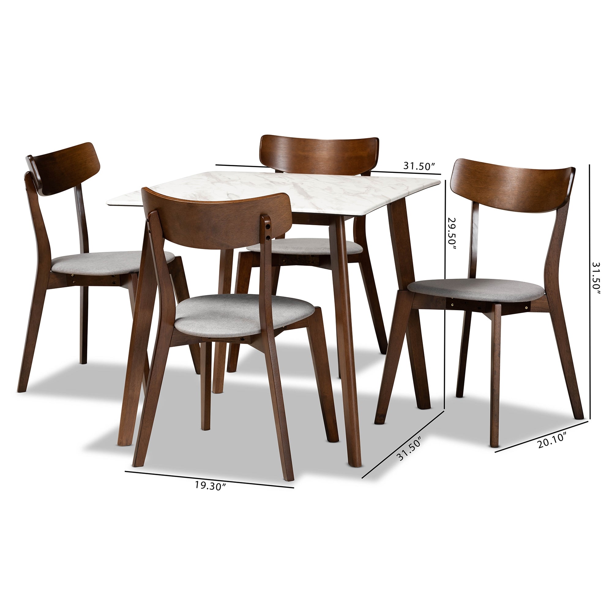 Baxton Studio Reba Mid-Century Modern Light Grey Fabric Upholstered and Walnut Brown Finished Wood 5-Piece Dining Set with Faux Marble Dining Table