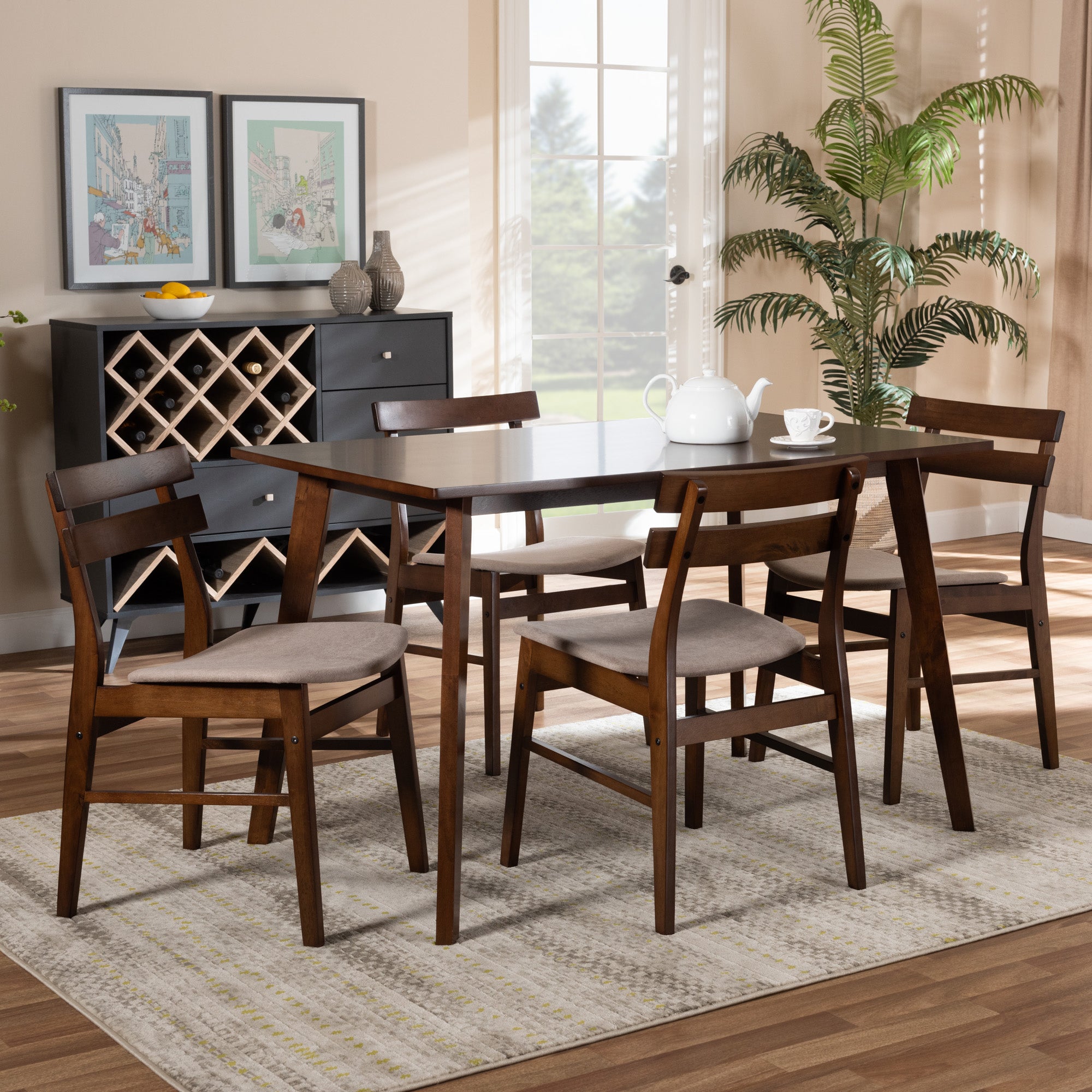Baxton Studio Eleri Mid-Century Modern Transitional Light Beige Fabric Upholstered and Walnut Brown Finished Wood 5-Piece Dining Set