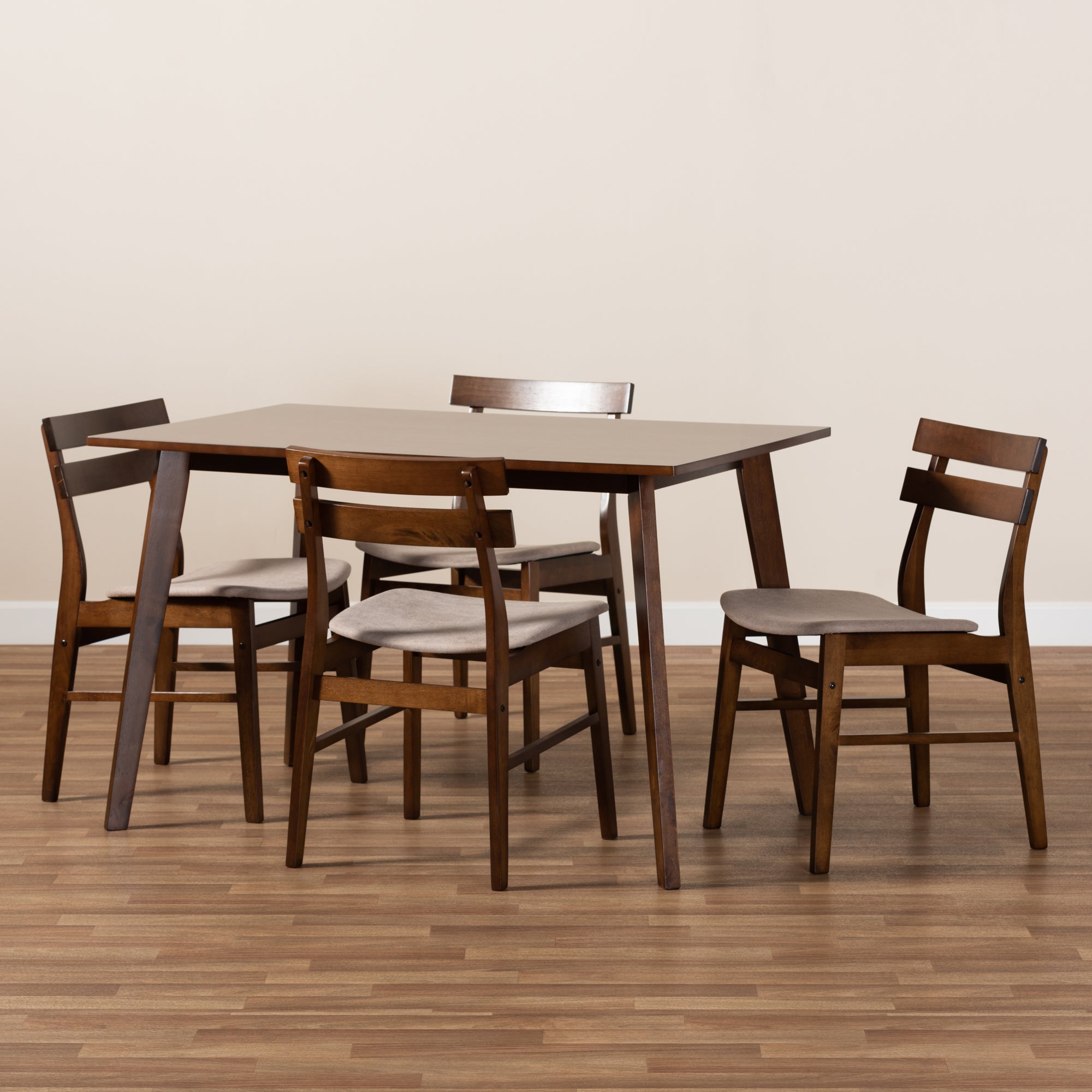 Baxton Studio Eleri Mid-Century Modern Transitional Light Beige Fabric Upholstered and Walnut Brown Finished Wood 5-Piece Dining Set