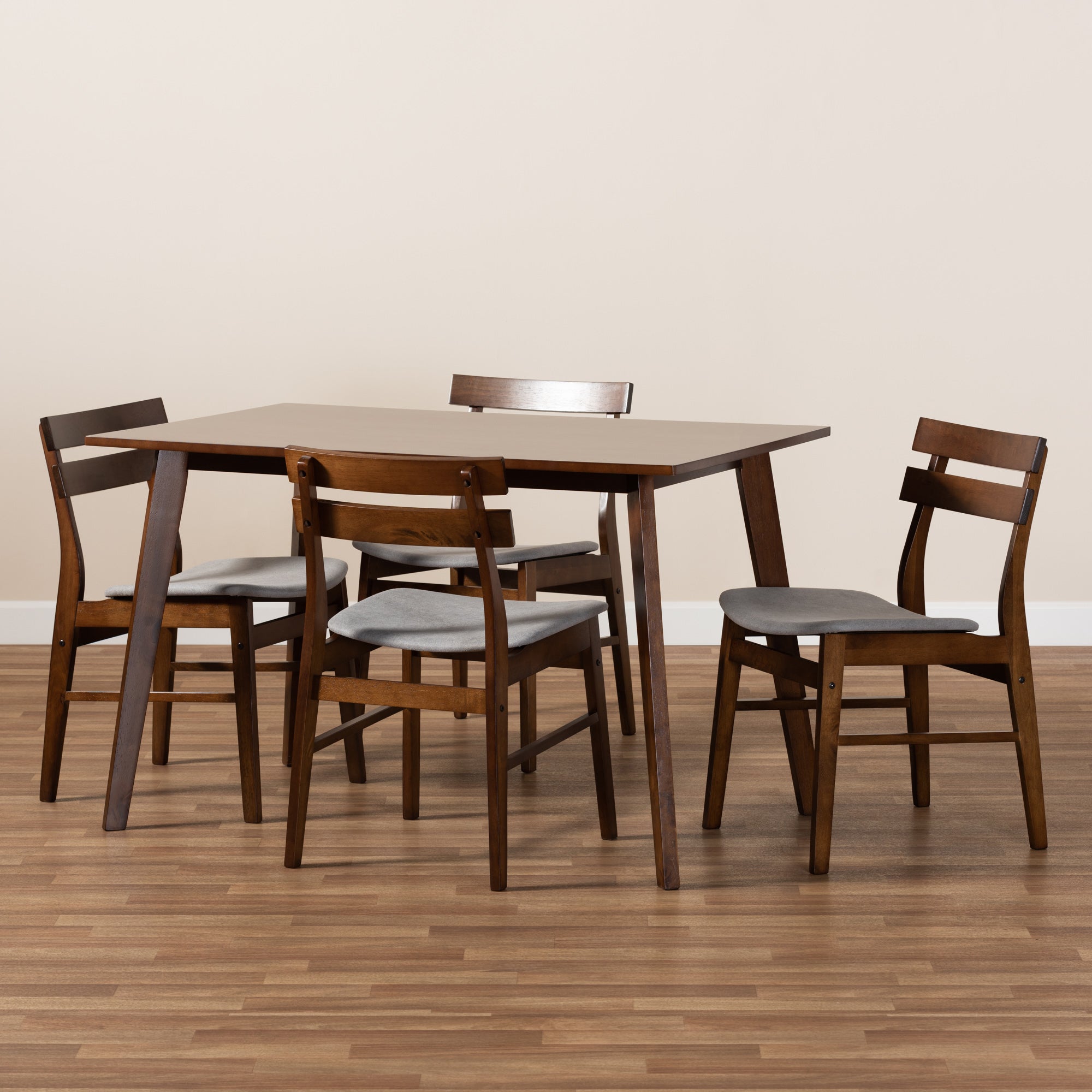 Baxton Studio Eleri Mid-Century Modern Transitional Light Grey Fabric Upholstered and Walnut Brown Finished Wood 5-Piece Dining Set