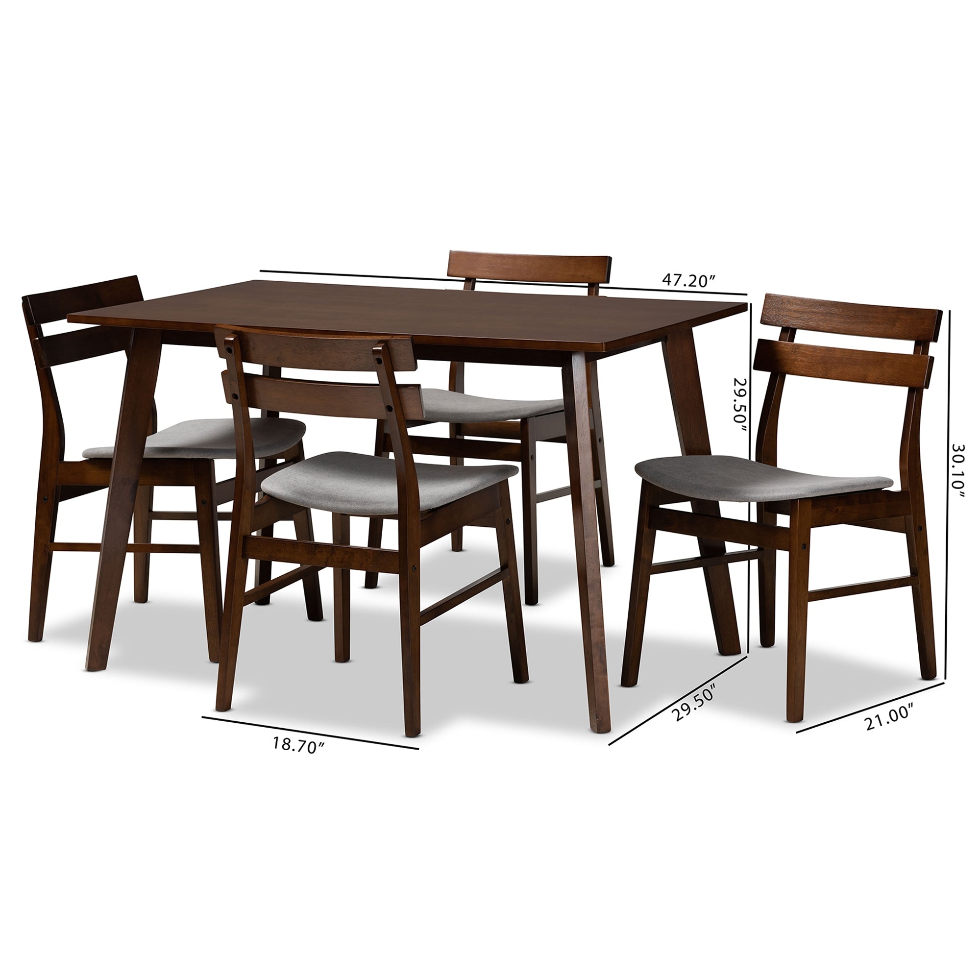Baxton Studio Eleri Mid-Century Modern Transitional Light Grey Fabric Upholstered and Walnut Brown Finished Wood 5-Piece Dining Set
