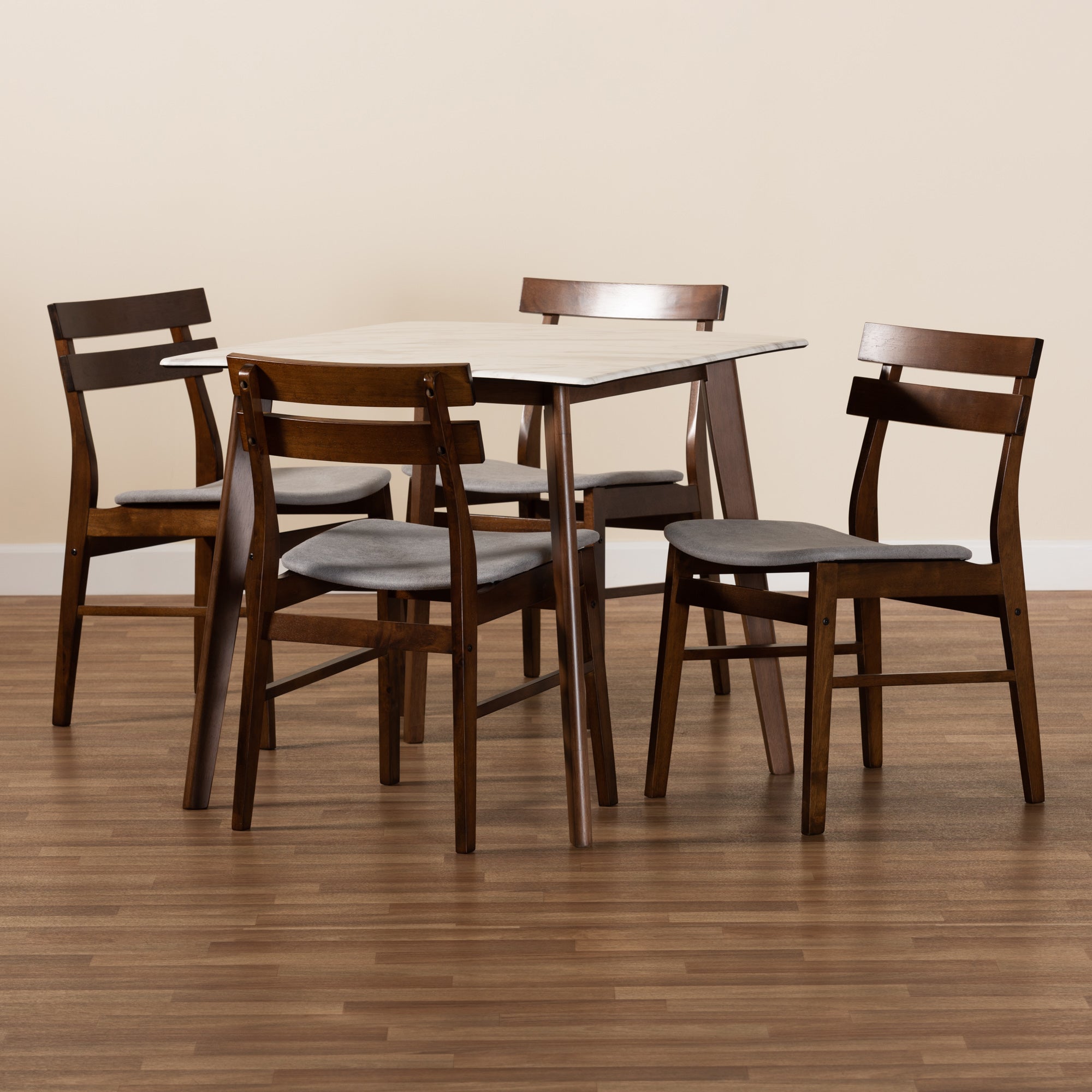 Baxton Studio Richmond Mid-Century Modern Light Grey Fabric Upholstered and Walnut Brown Finished Wood 5-Piece Dining Set with Faux Marble Dining Table