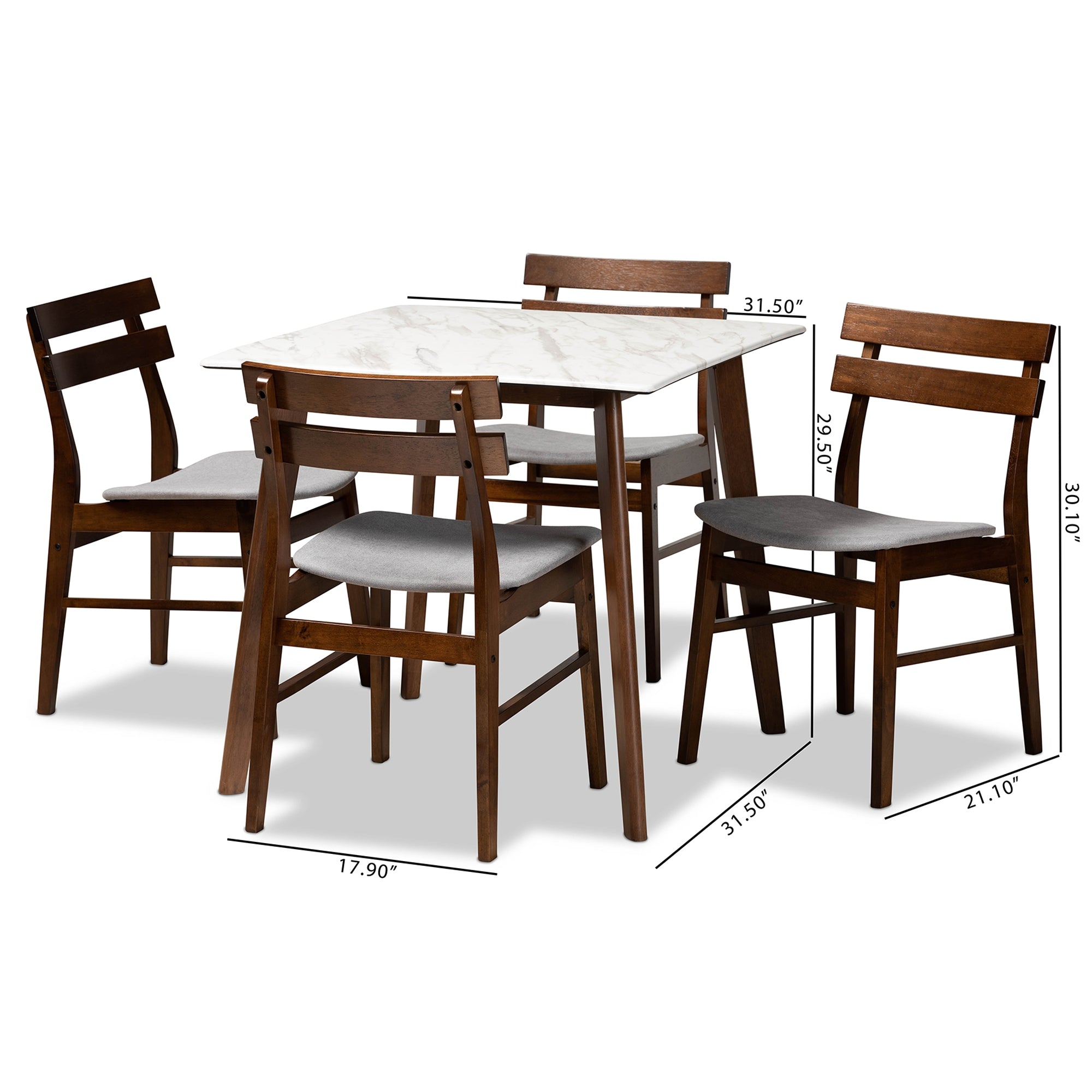 Baxton Studio Richmond Mid-Century Modern Light Grey Fabric Upholstered and Walnut Brown Finished Wood 5-Piece Dining Set with Faux Marble Dining Table