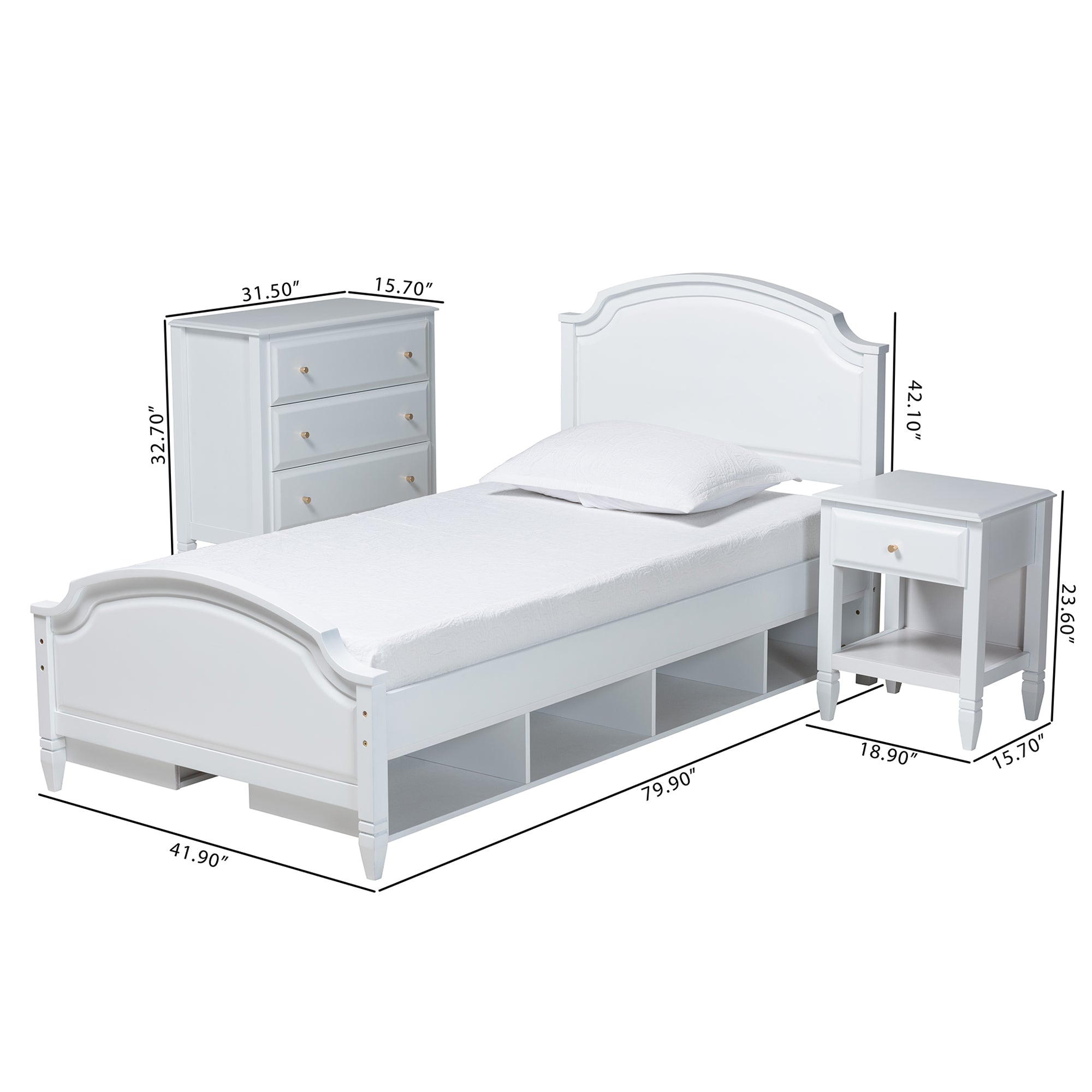Baxton Studio Elise Classic and Transitional White Finished Wood Twin Size 3-Piece Bedroom Set