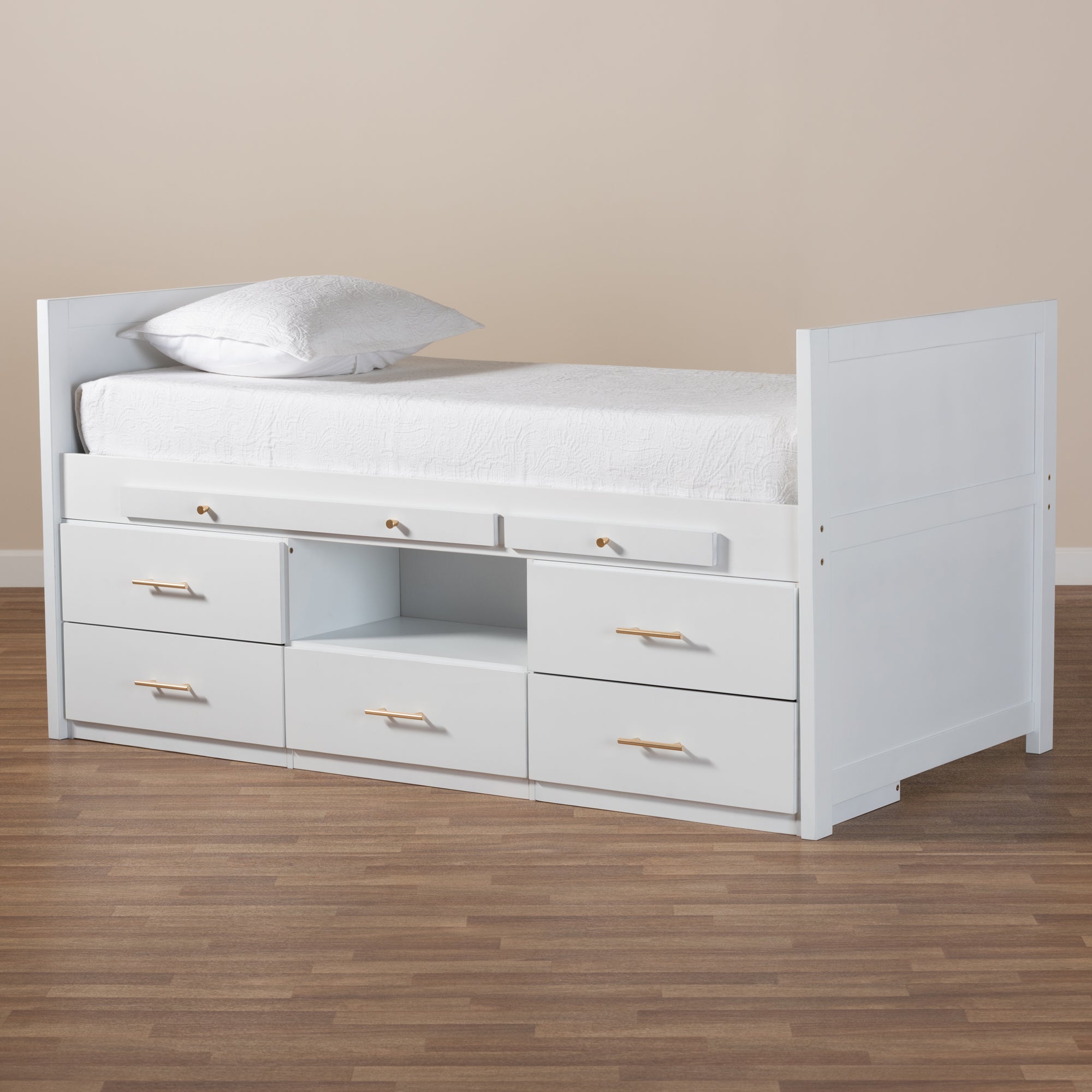 Baxton Studio Mirza Modern and Contemporary White Finished Wood 5-Drawer Twin Size Storage Bed with Pull-Out Desk