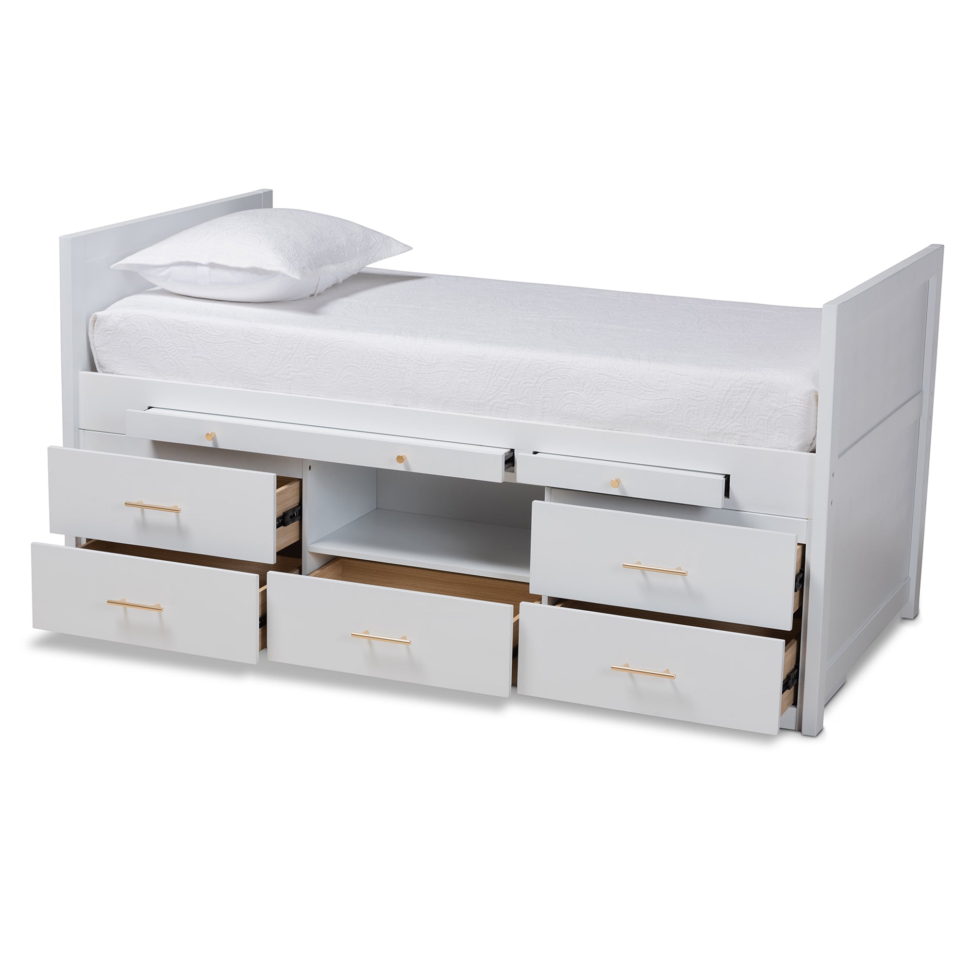 Baxton Studio Mirza Modern and Contemporary White Finished Wood 5-Drawer Twin Size Storage Bed with Pull-Out Desk