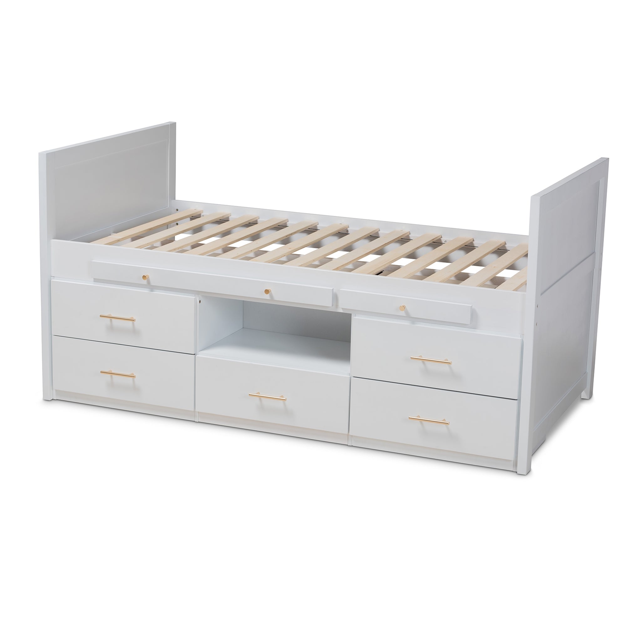 Baxton Studio Mirza Modern and Contemporary White Finished Wood 5-Drawer Twin Size Storage Bed with Pull-Out Desk