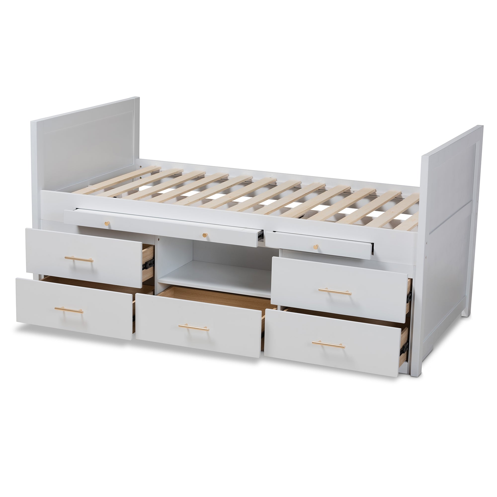 Baxton Studio Mirza Modern and Contemporary White Finished Wood 5-Drawer Twin Size Storage Bed with Pull-Out Desk