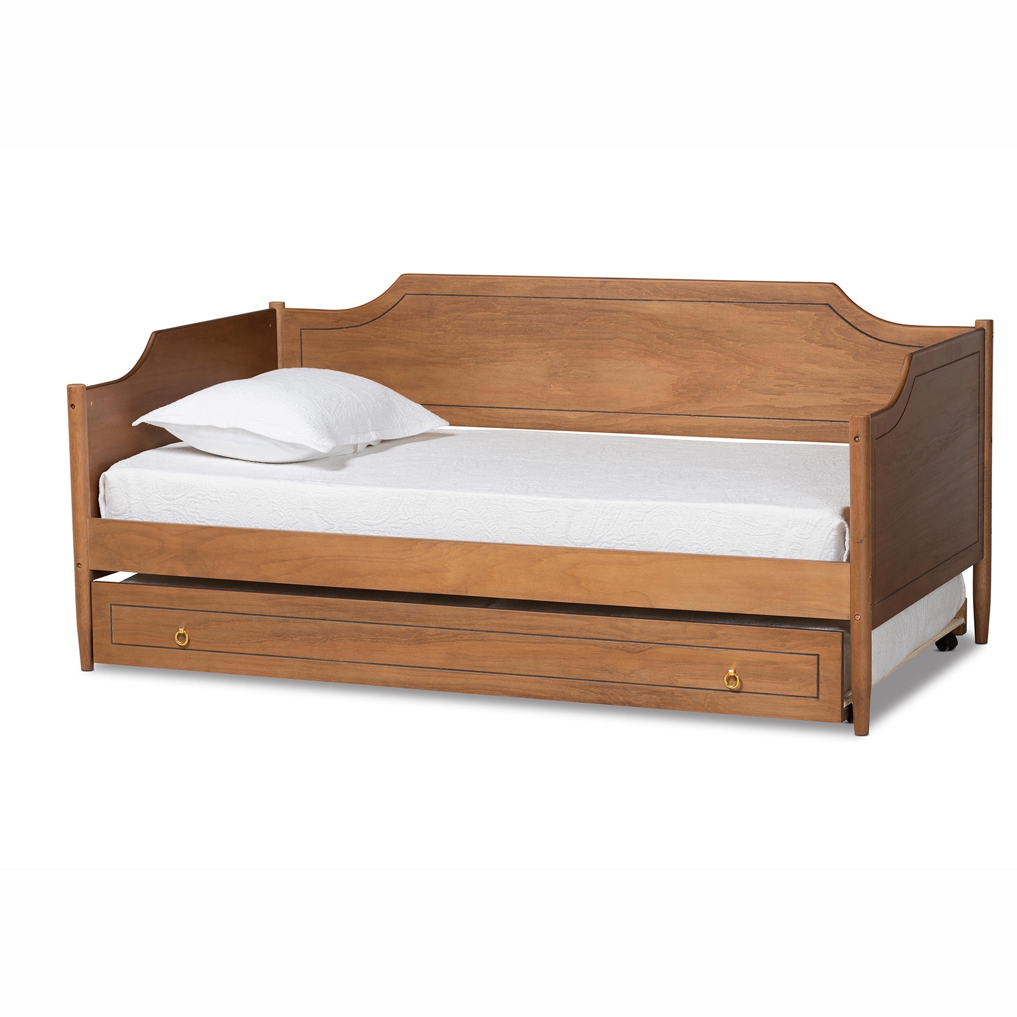 Baxton Studio Alya Classic Traditional Farmhouse Walnut Brown Finished Wood Twin Size Daybed with Roll-Out Trundle Bed