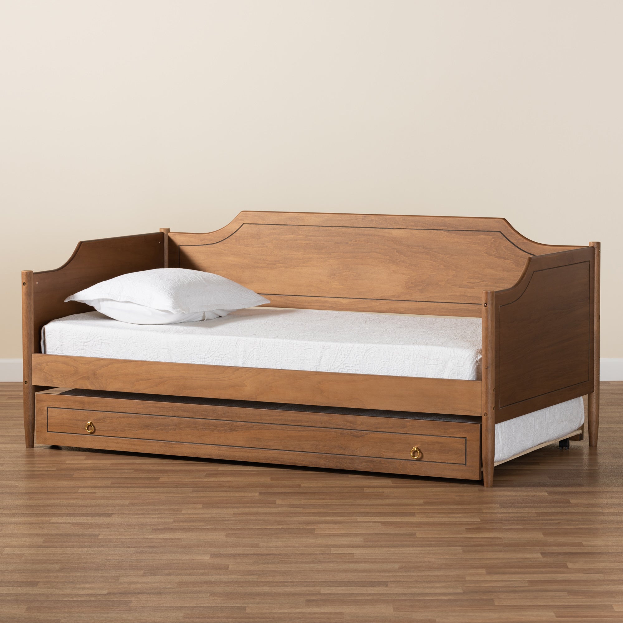 Baxton Studio Alya Classic Traditional Farmhouse Walnut Brown Finished Wood Twin Size Daybed with Roll-Out Trundle Bed