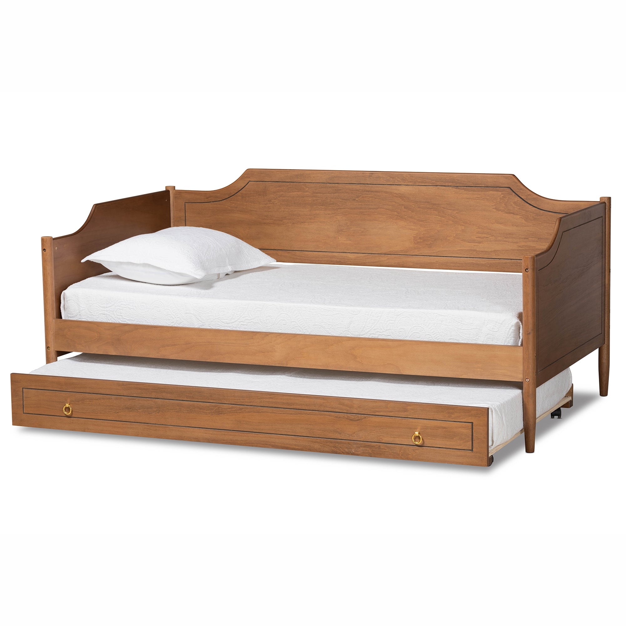 Baxton Studio Alya Classic Traditional Farmhouse Walnut Brown Finished Wood Twin Size Daybed with Roll-Out Trundle Bed