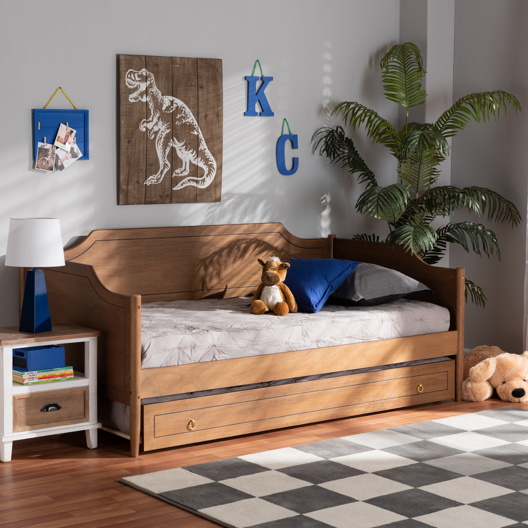 Baxton Studio Alya Classic Traditional Farmhouse Walnut Brown Finished Wood Twin Size Daybed with Roll-Out Trundle Bed