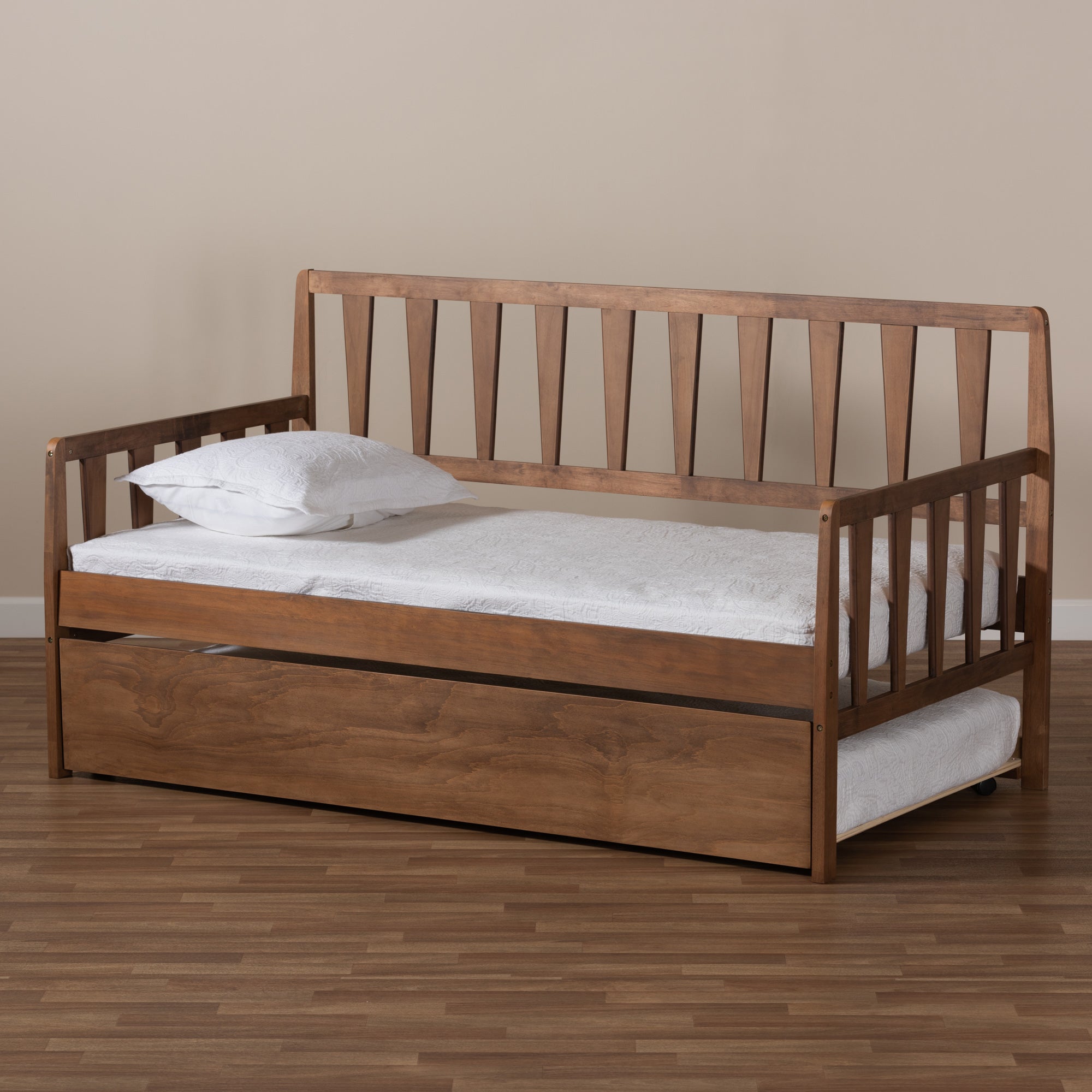 Baxton Studio Midori Modern and Contemporary Transitional Walnut Brown Finished Wood Twin Size Daybed with Roll-Out Trundle Bed