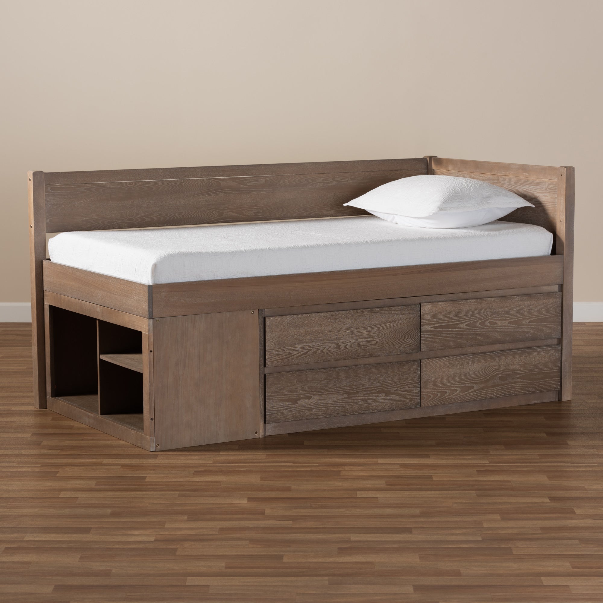 Baxton Studio Levon Modern and Contemporary Antique Oak Finished Wood 4-Drawer Twin Size Storage Bed