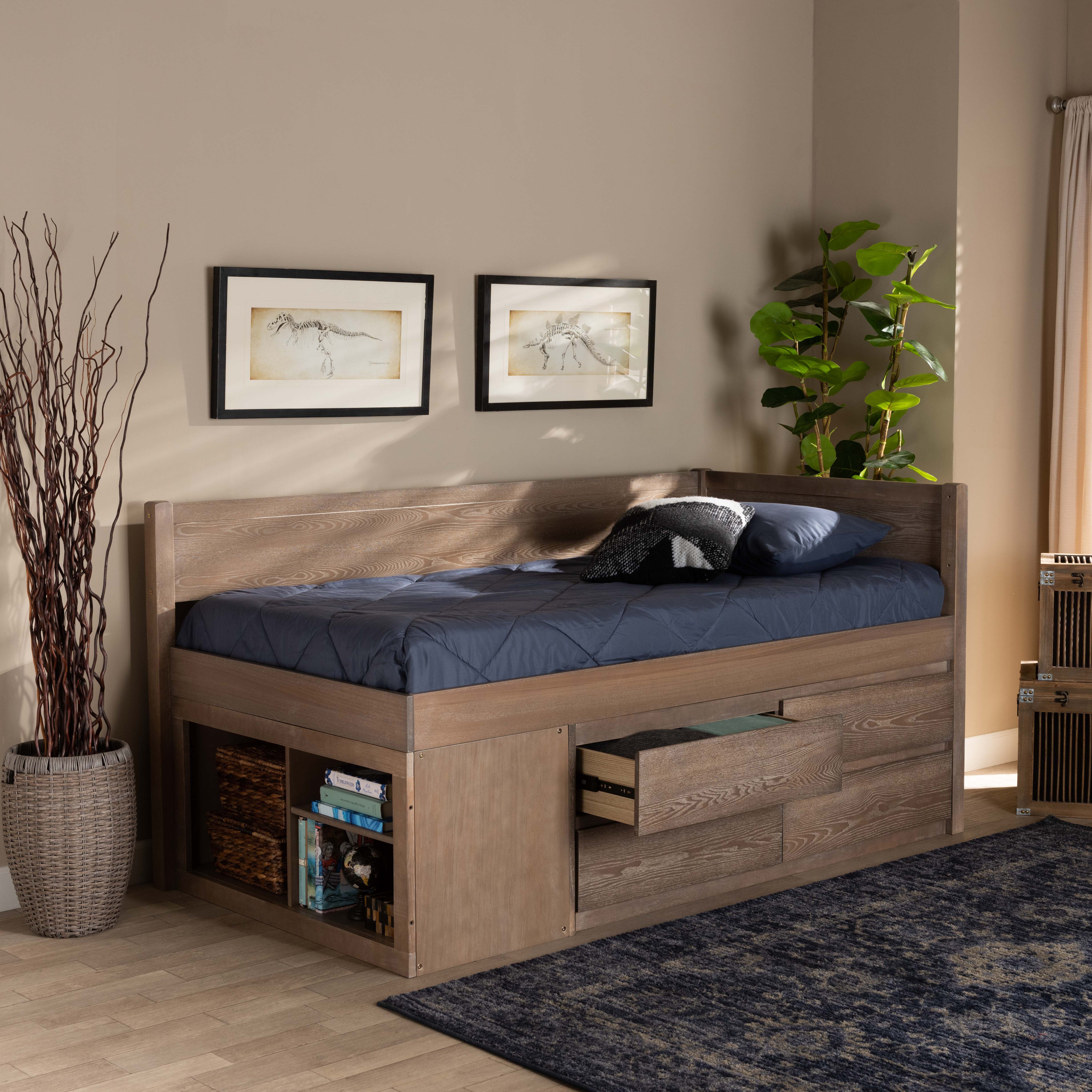 Baxton Studio Levon Modern and Contemporary Antique Oak Finished Wood 4-Drawer Twin Size Storage Bed