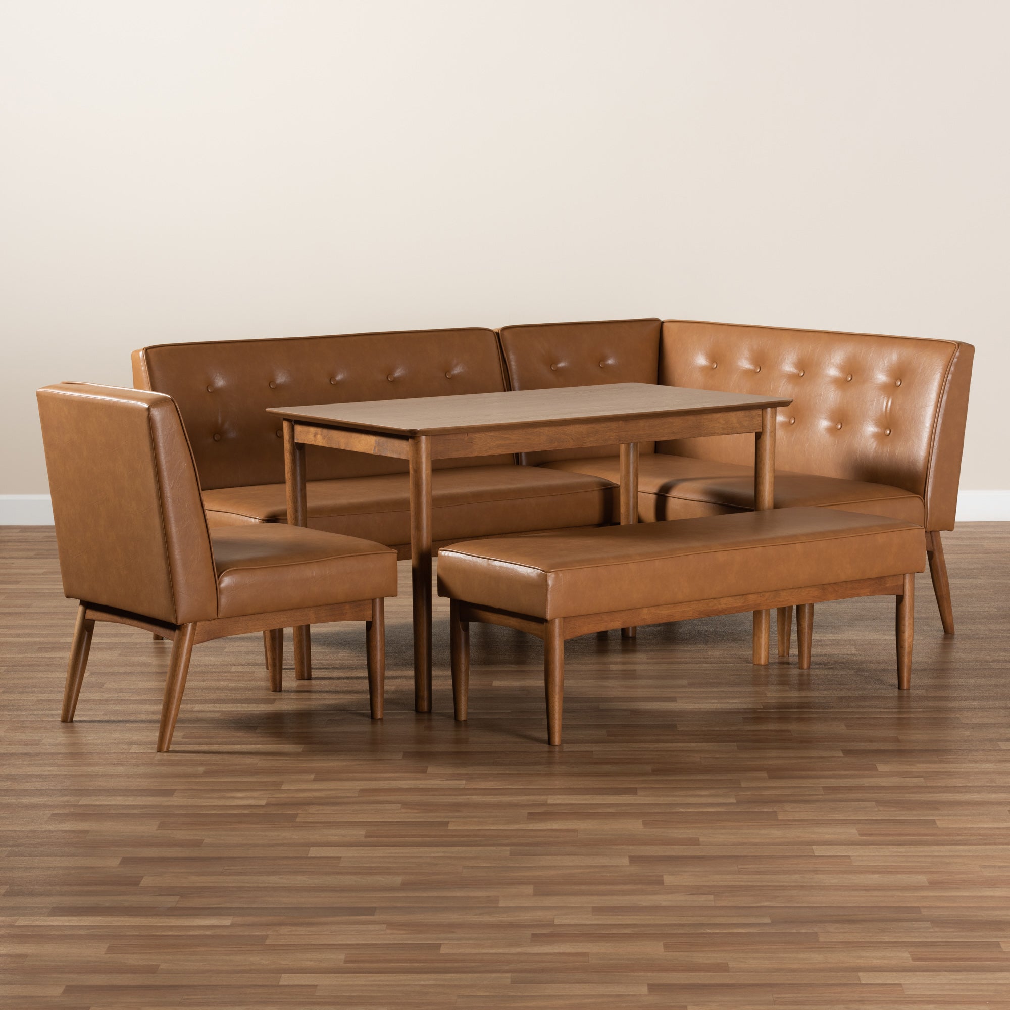 Baxton Studio Arvid Mid-Century Modern Tan Faux Leather Upholstered and Walnut Brown Finished Wood 5-Piece Dining Nook Set