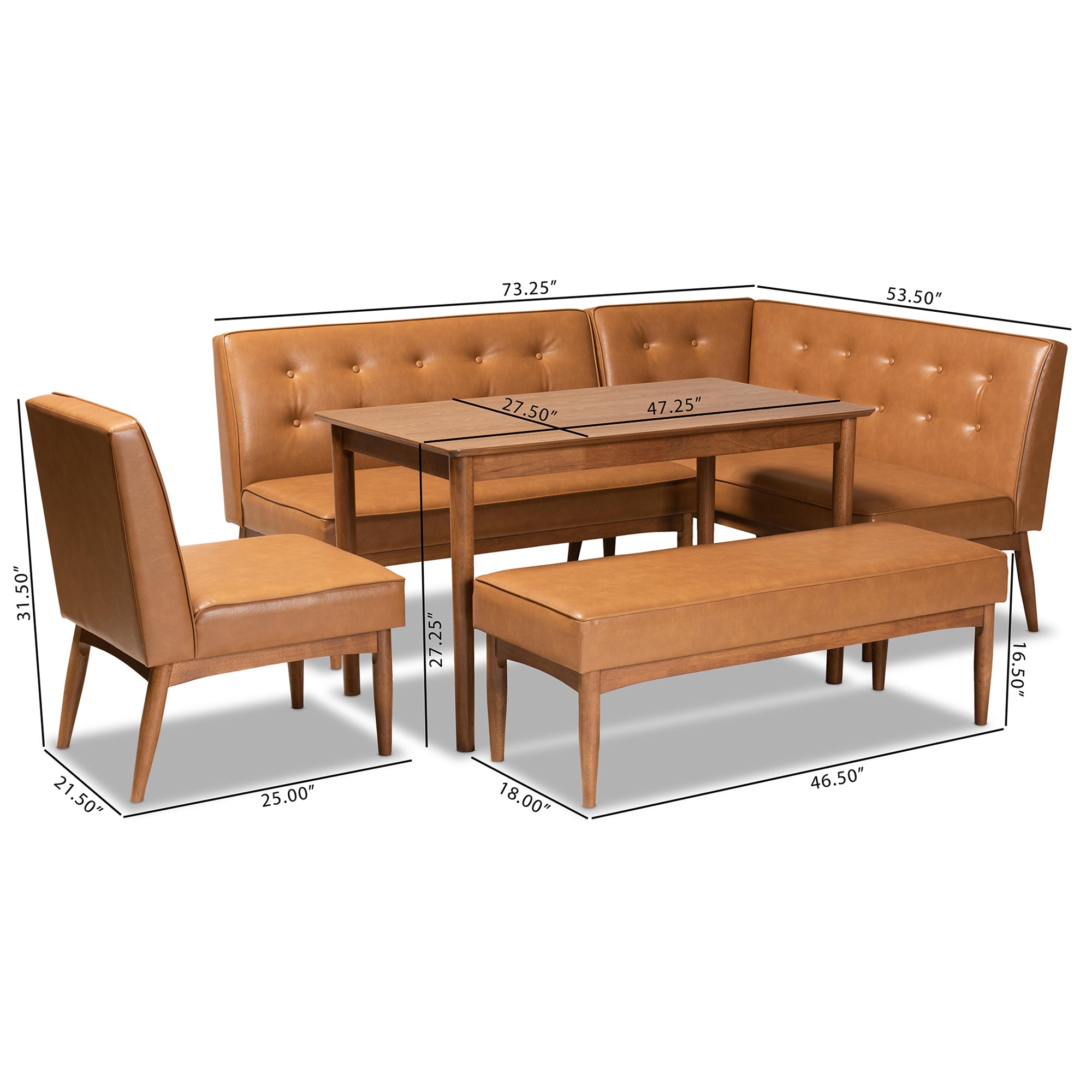 Baxton Studio Arvid Mid-Century Modern Tan Faux Leather Upholstered and Walnut Brown Finished Wood 5-Piece Dining Nook Set