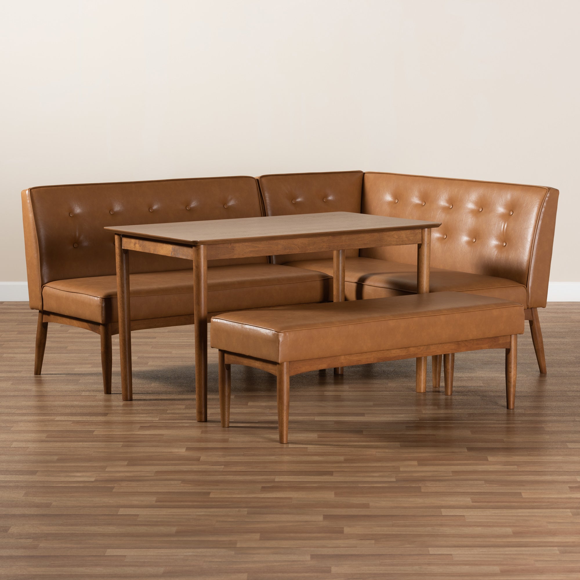 Baxton Studio Arvid Mid-Century Modern Tan Faux Leather Upholstered and Walnut Brown Finished Wood 4-Piece Dining Nook Set