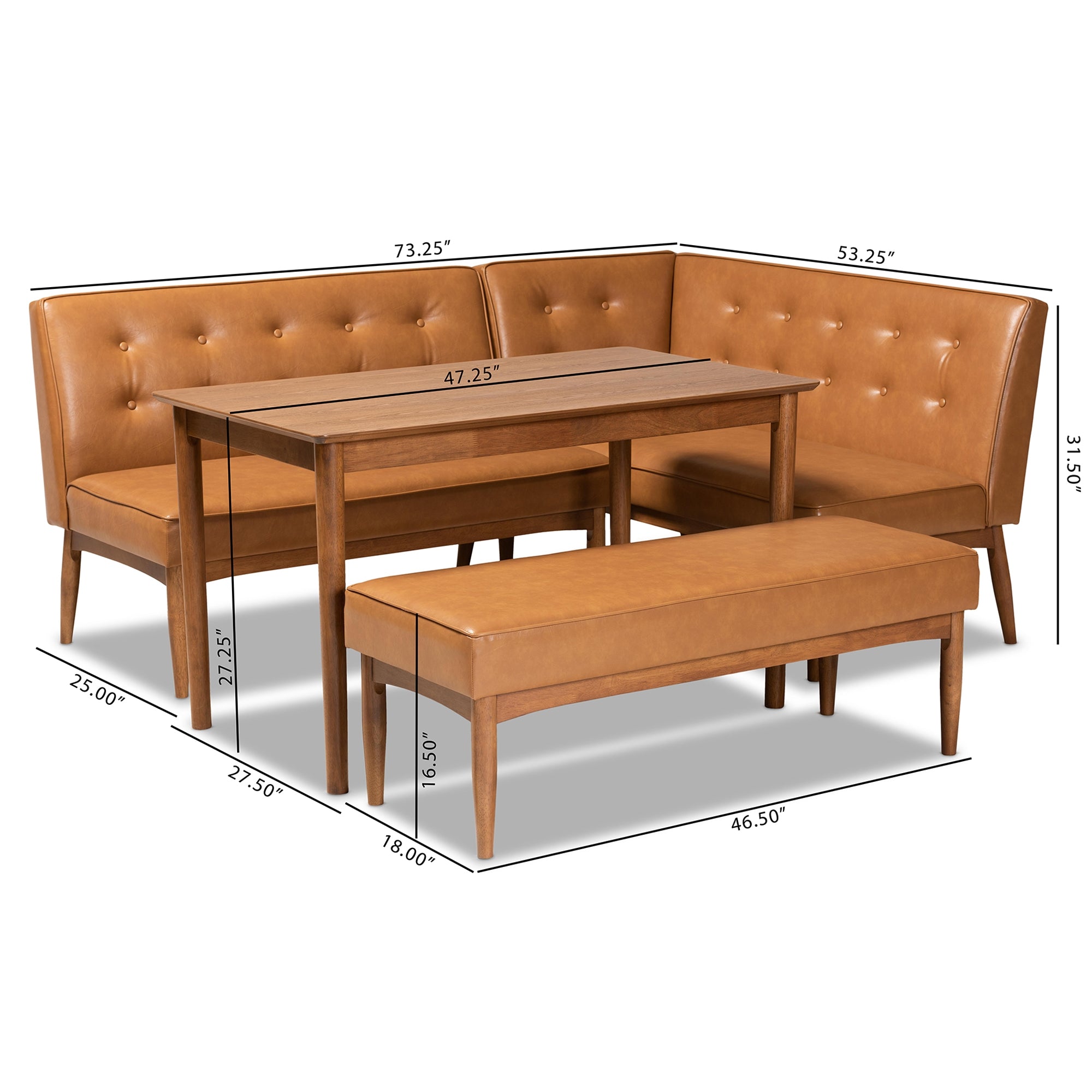 Baxton Studio Arvid Mid-Century Modern Tan Faux Leather Upholstered and Walnut Brown Finished Wood 4-Piece Dining Nook Set