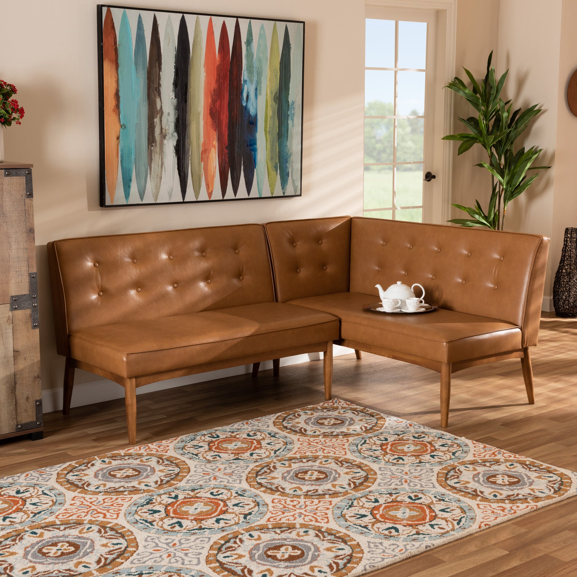 Baxton Studio Arvid Mid-Century Modern Tan Faux Leather Upholstered and Walnut Brown Finished Wood 2-Piece Dining Corner Sofa Bench