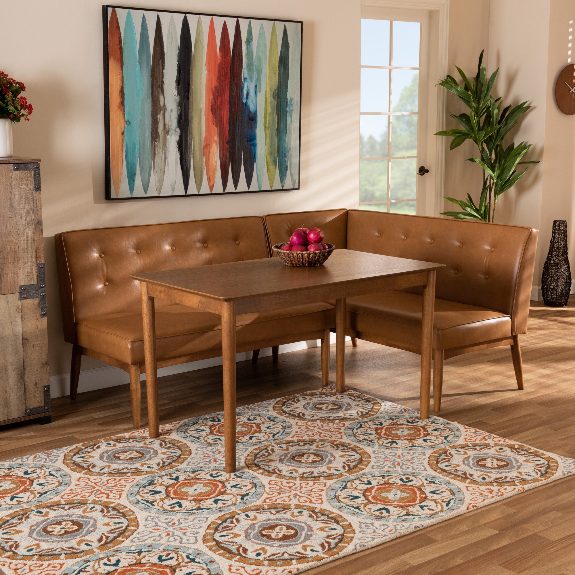 Baxton Studio Arvid Mid-Century Modern Tan Faux Leather Upholstered and Walnut Brown Finished Wood 3-Piece Dining Nook Set