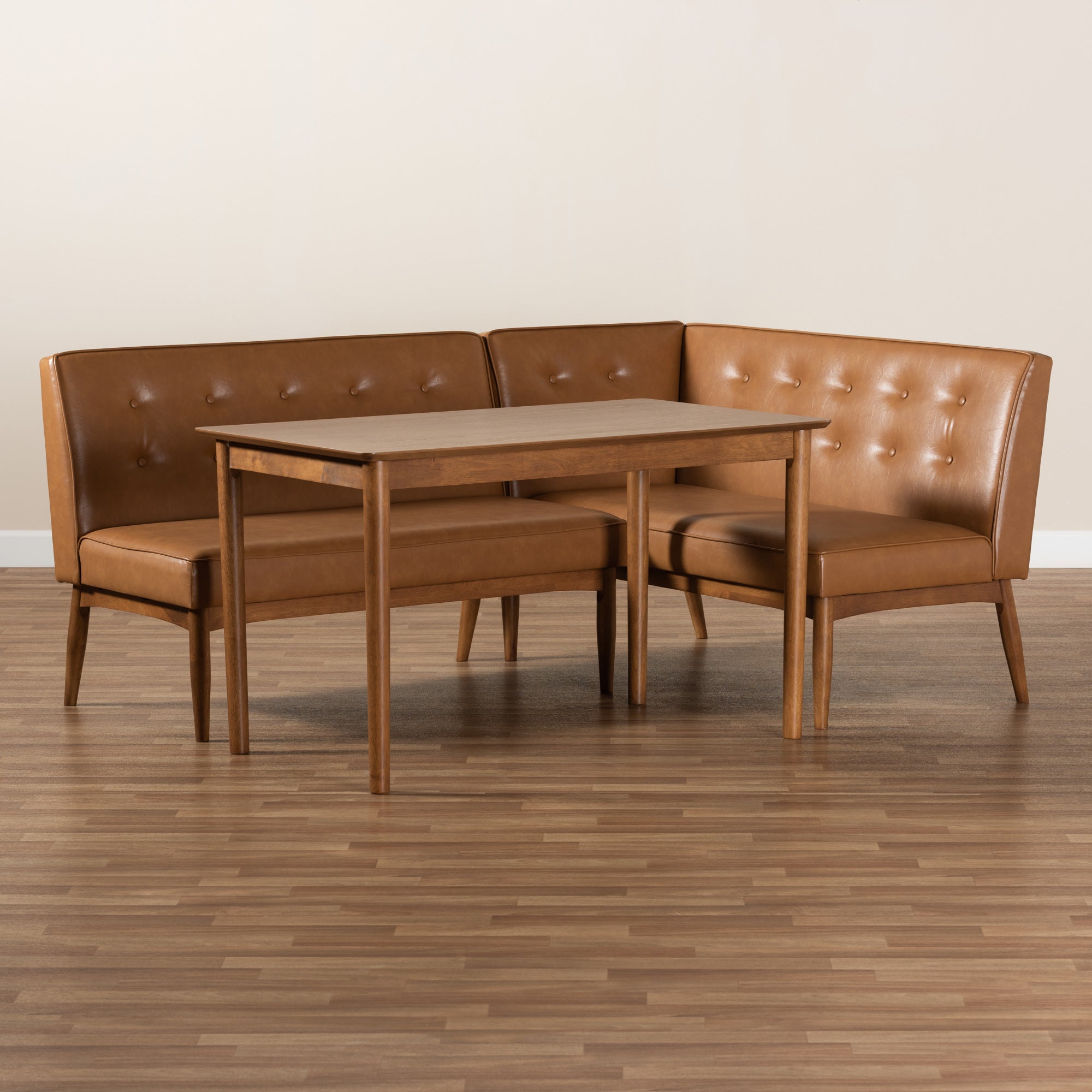 Baxton Studio Arvid Mid-Century Modern Tan Faux Leather Upholstered and Walnut Brown Finished Wood 3-Piece Dining Nook Set