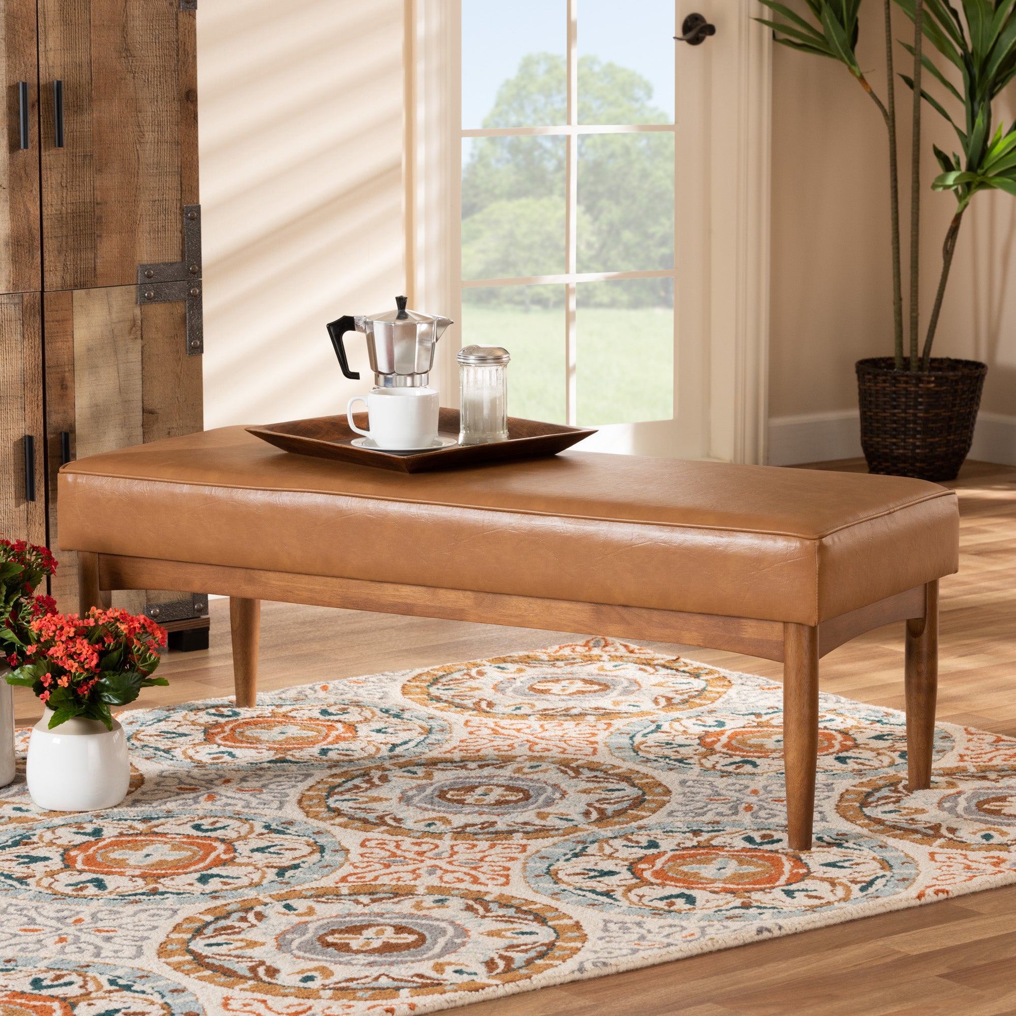Baxton Studio Arvid Mid-Century Modern Tan Faux Leather Upholstered and Walnut Brown Finished Wood Dining Bench