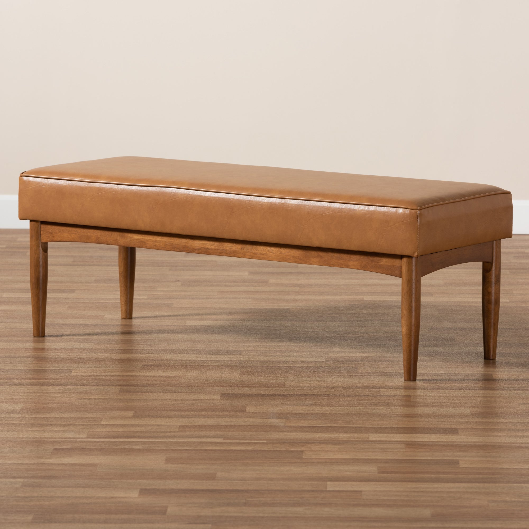 Baxton Studio Arvid Mid-Century Modern Tan Faux Leather Upholstered and Walnut Brown Finished Wood Dining Bench