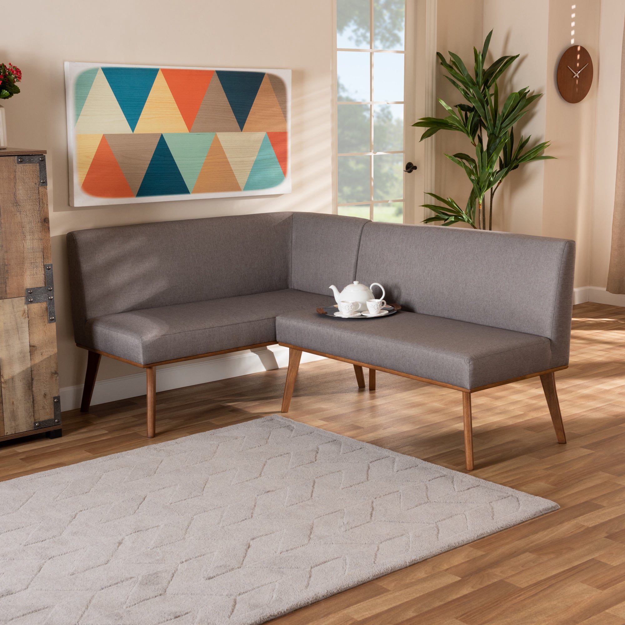 Baxton Studio Odessa Mid-Century Modern Grey Fabric Upholstered and Walnut Brown Finished 2-Piece Wood Dining Nook Banquette Set