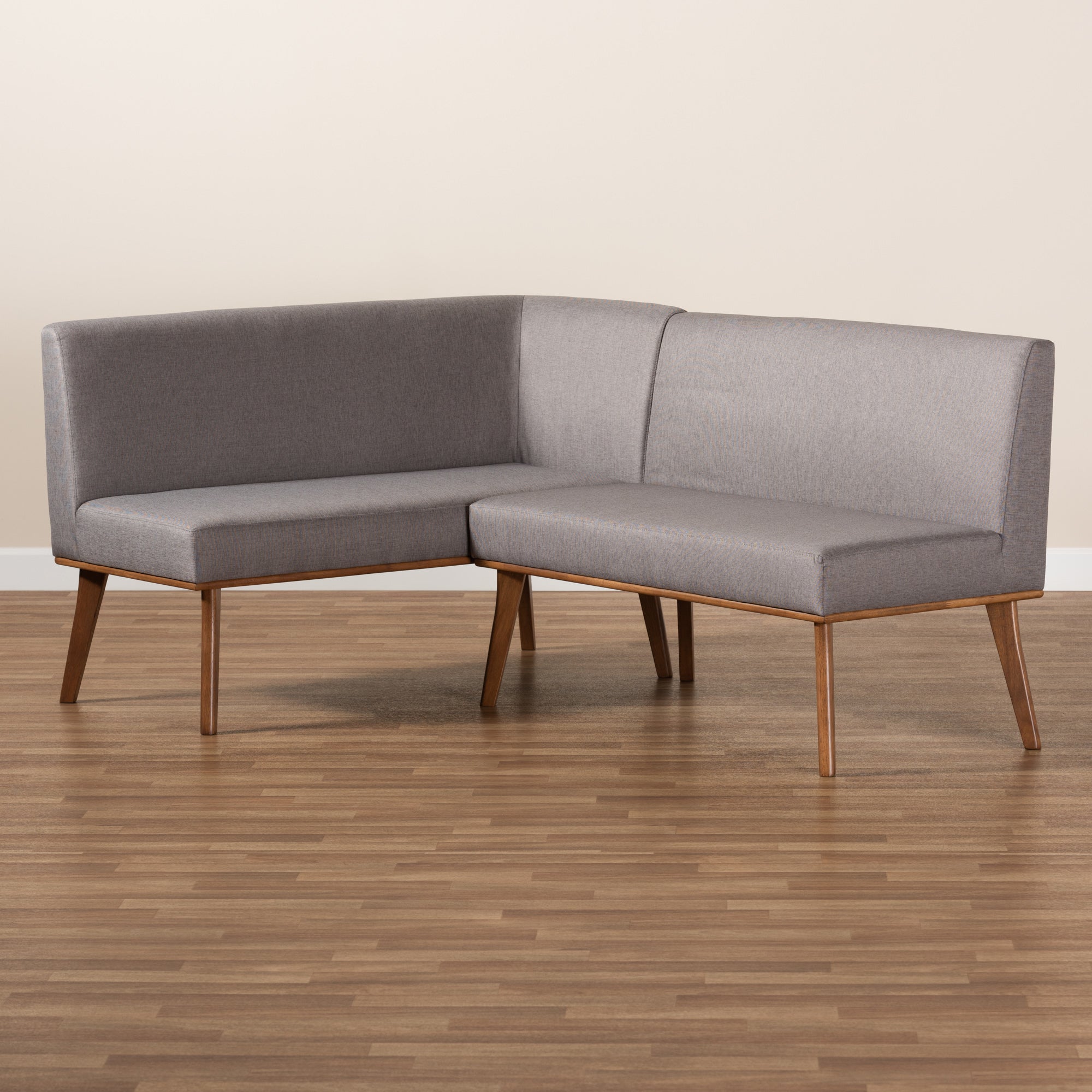 Baxton Studio Odessa Mid-Century Modern Grey Fabric Upholstered and Walnut Brown Finished 2-Piece Wood Dining Nook Banquette Set
