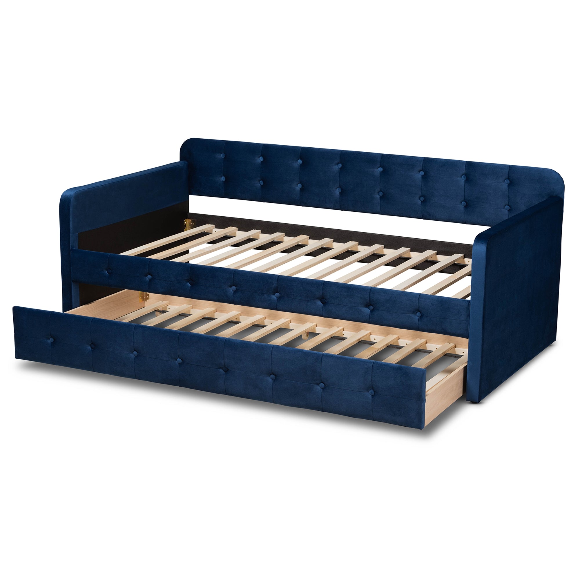 Baxton Studio Jona Modern and Contemporary Transitional Navy Blue Velvet Fabric Upholstered and Button Tufted Twin Size Daybed with Trundle