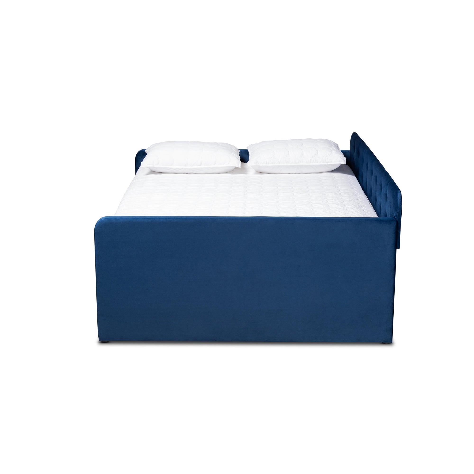 Baxton Studio Jona Modern and Contemporary Transitional Navy Blue Velvet Fabric Upholstered and Button Tufted Full Size Daybed with Trundle