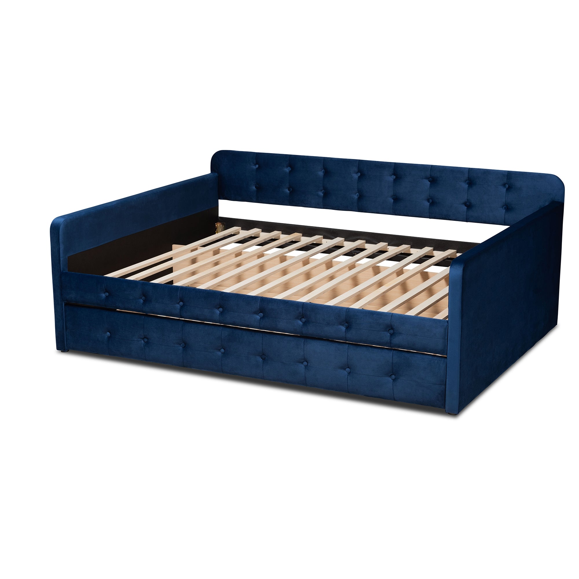 Baxton Studio Jona Modern and Contemporary Transitional Navy Blue Velvet Fabric Upholstered and Button Tufted Queen Size Daybed with Trundle