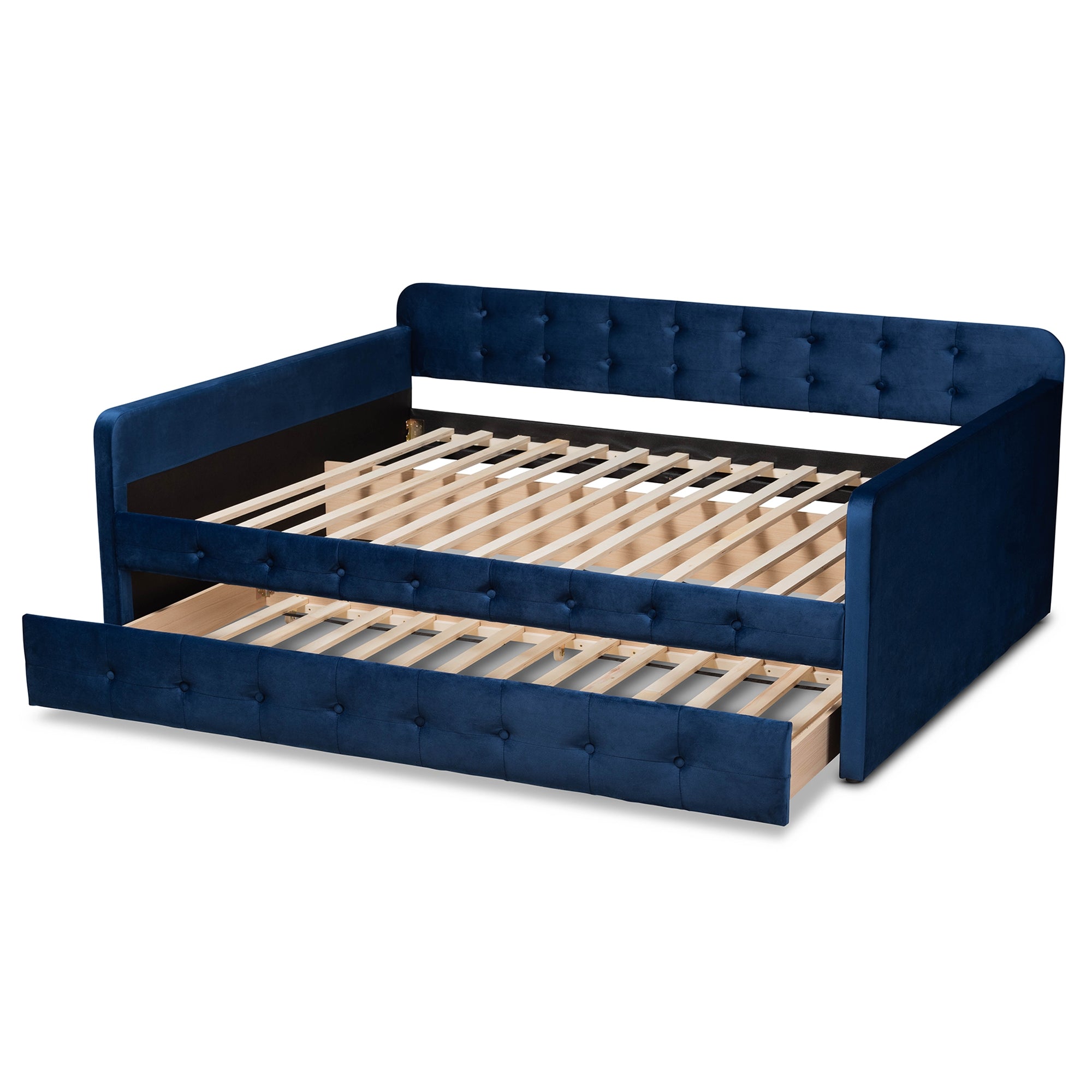 Baxton Studio Jona Modern and Contemporary Transitional Navy Blue Velvet Fabric Upholstered and Button Tufted Full Size Daybed with Trundle