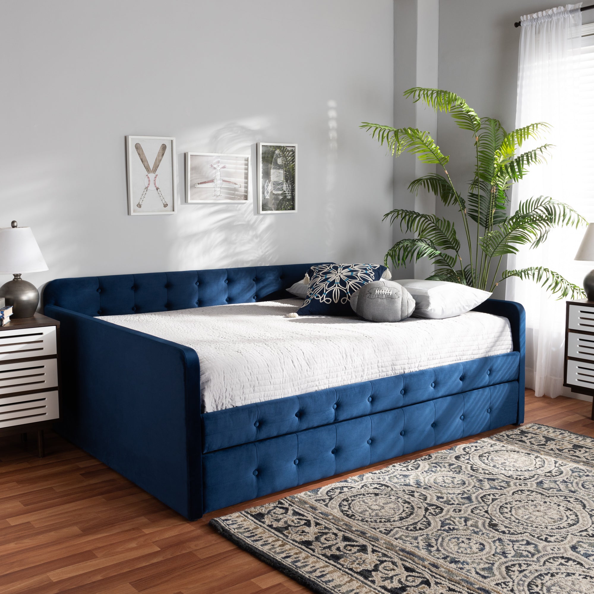 Baxton Studio Jona Modern and Contemporary Transitional Navy Blue Velvet Fabric Upholstered and Button Tufted Full Size Daybed with Trundle