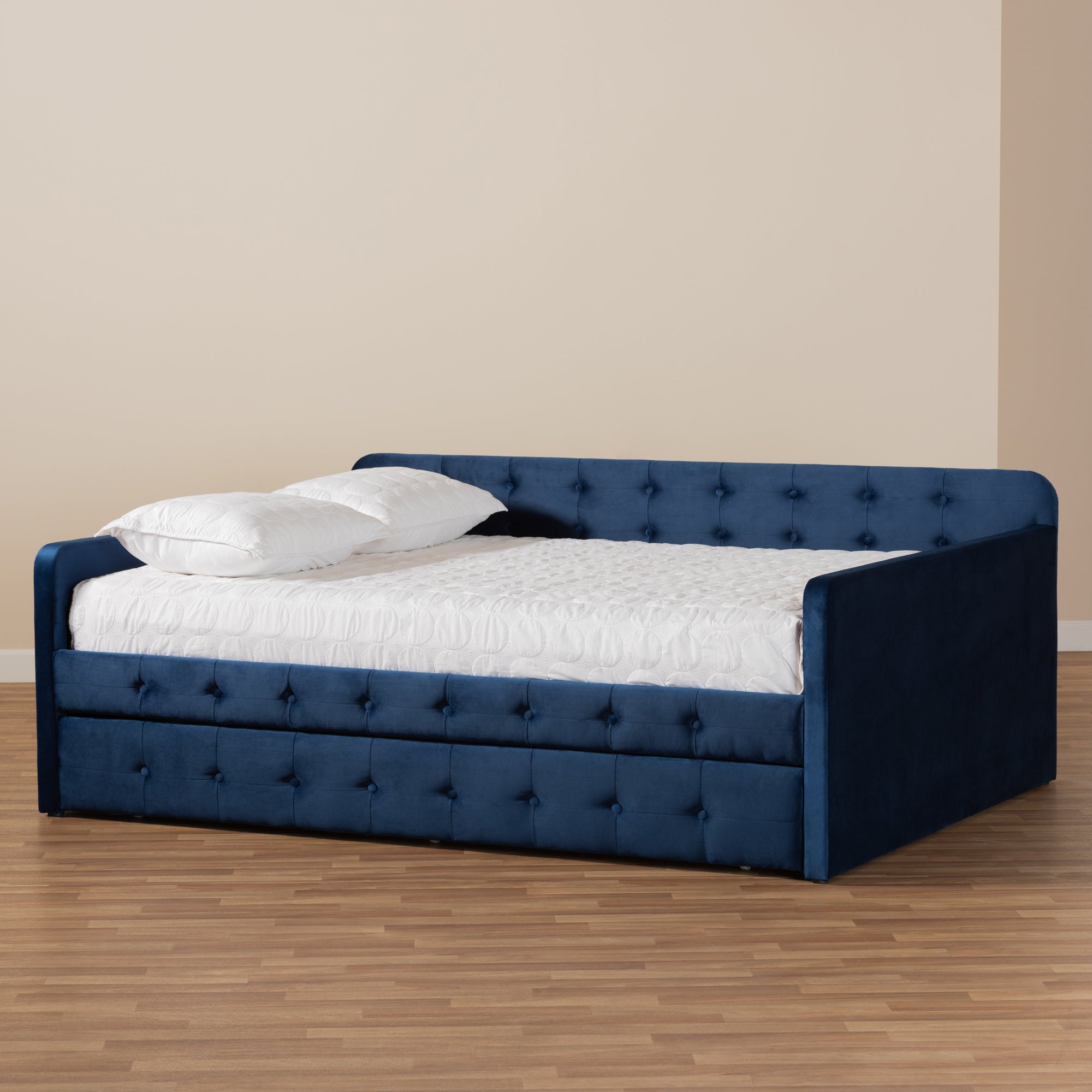Baxton Studio Jona Modern and Contemporary Transitional Navy Blue Velvet Fabric Upholstered and Button Tufted Full Size Daybed with Trundle