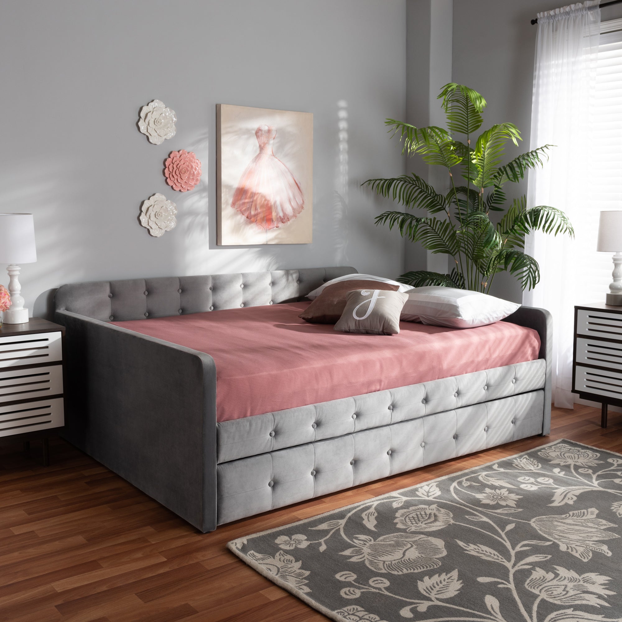 Baxton Studio Jona Modern and Contemporary Transitional Grey Velvet Fabric Upholstered and Button Tufted Full Size Daybed with Trundle
