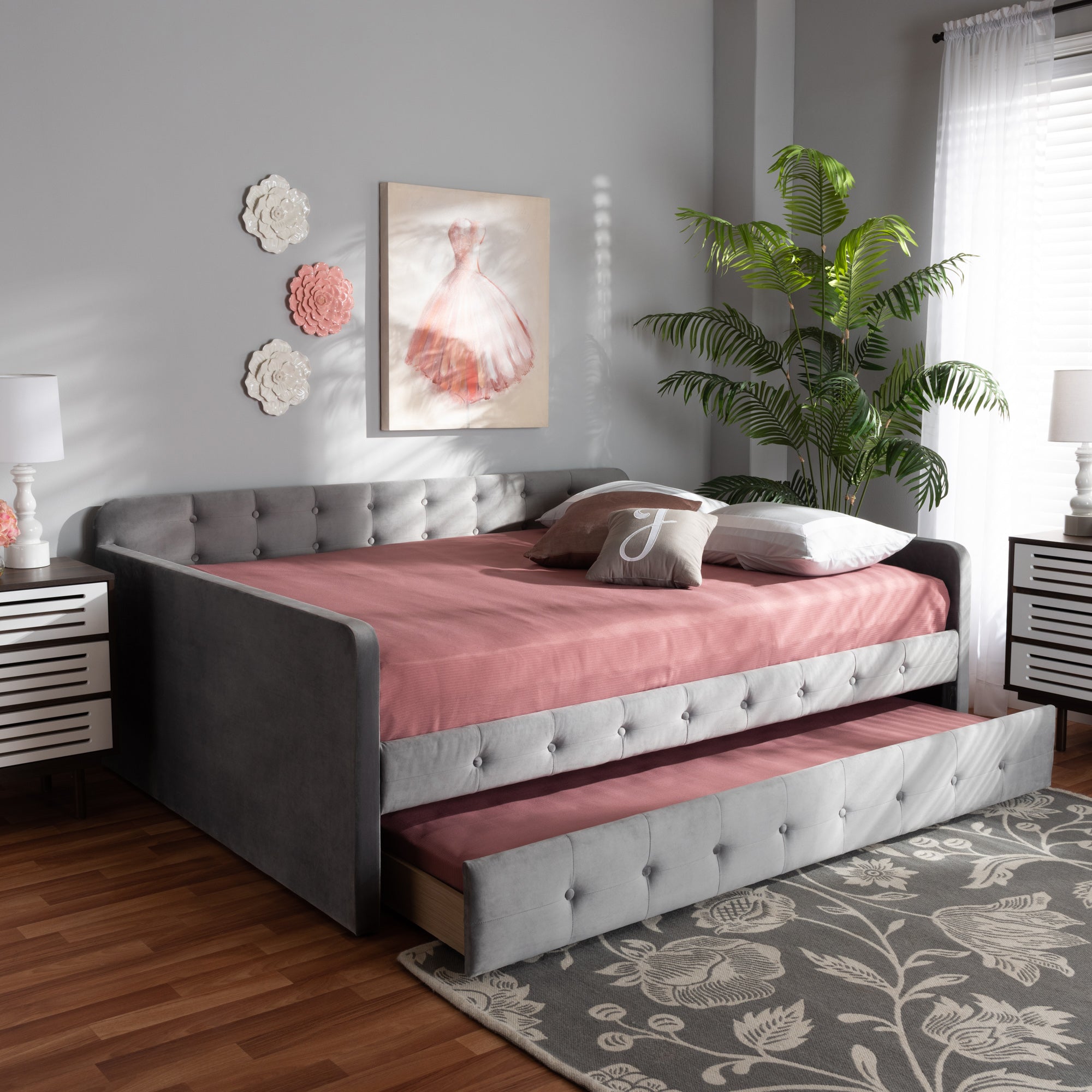 Baxton Studio Jona Modern and Contemporary Transitional Grey Velvet Fabric Upholstered and Button Tufted Full Size Daybed with Trundle