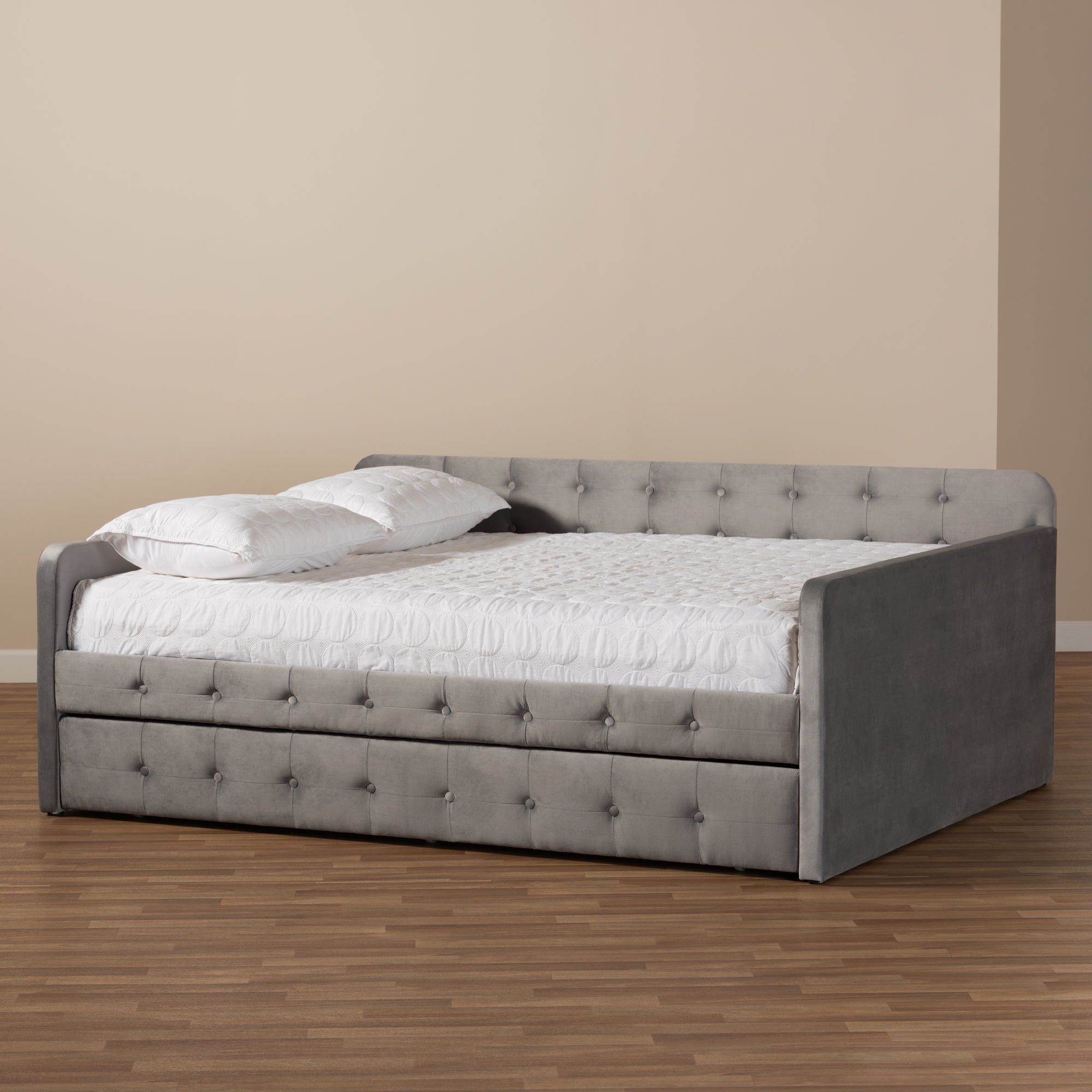Baxton Studio Jona Modern and Contemporary Transitional Grey Velvet Fabric Upholstered and Button Tufted Queen Size Daybed with Trundle