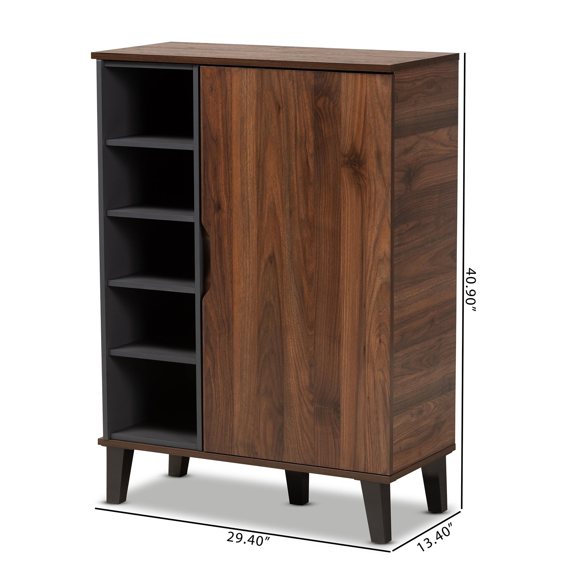Baxton Studio Idina Mid-Century Modern Two-Tone Walnut Brown and Grey Finished Wood 1-Door Shoe Cabinet