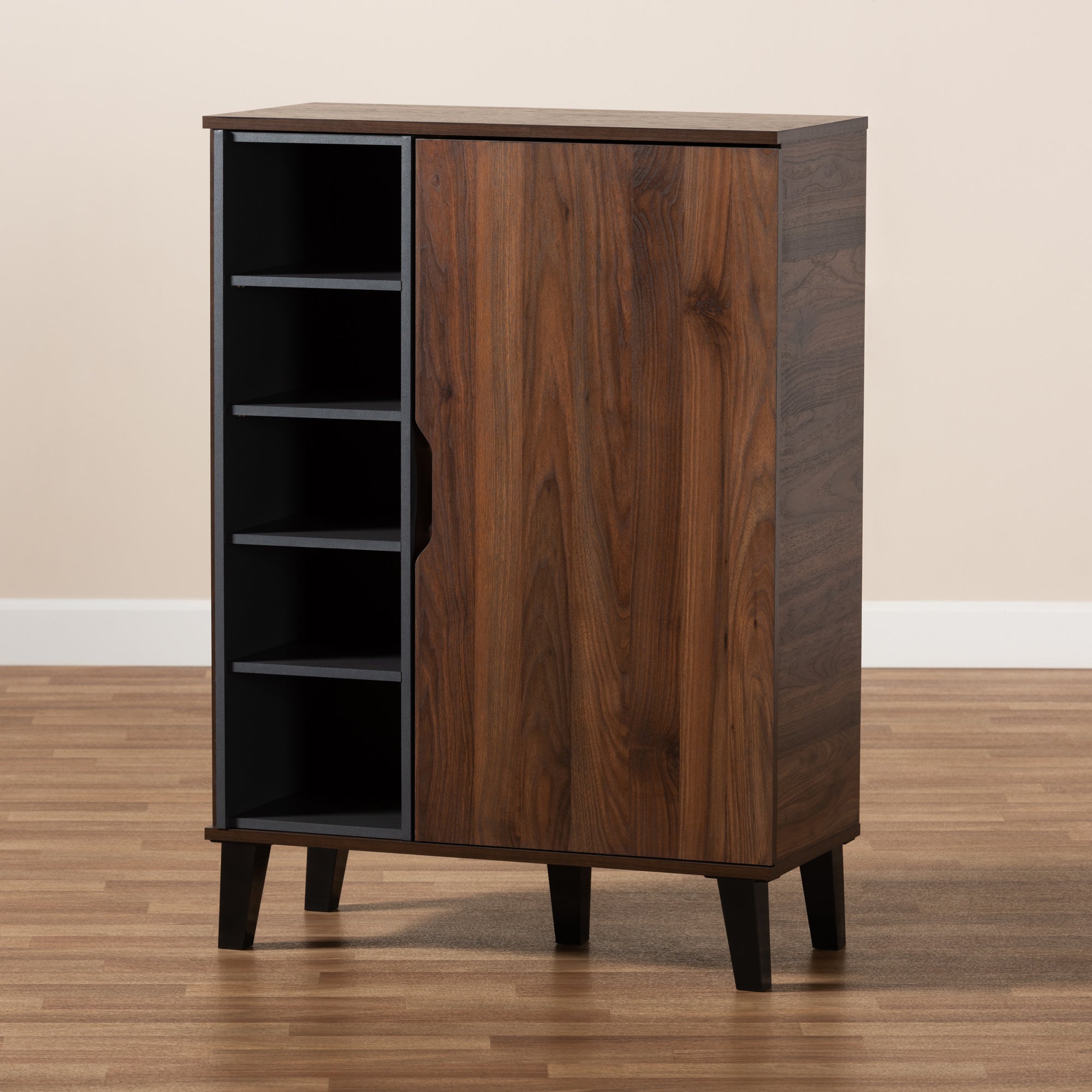 Baxton Studio Idina Mid-Century Modern Two-Tone Walnut Brown and Grey Finished Wood 1-Door Shoe Cabinet