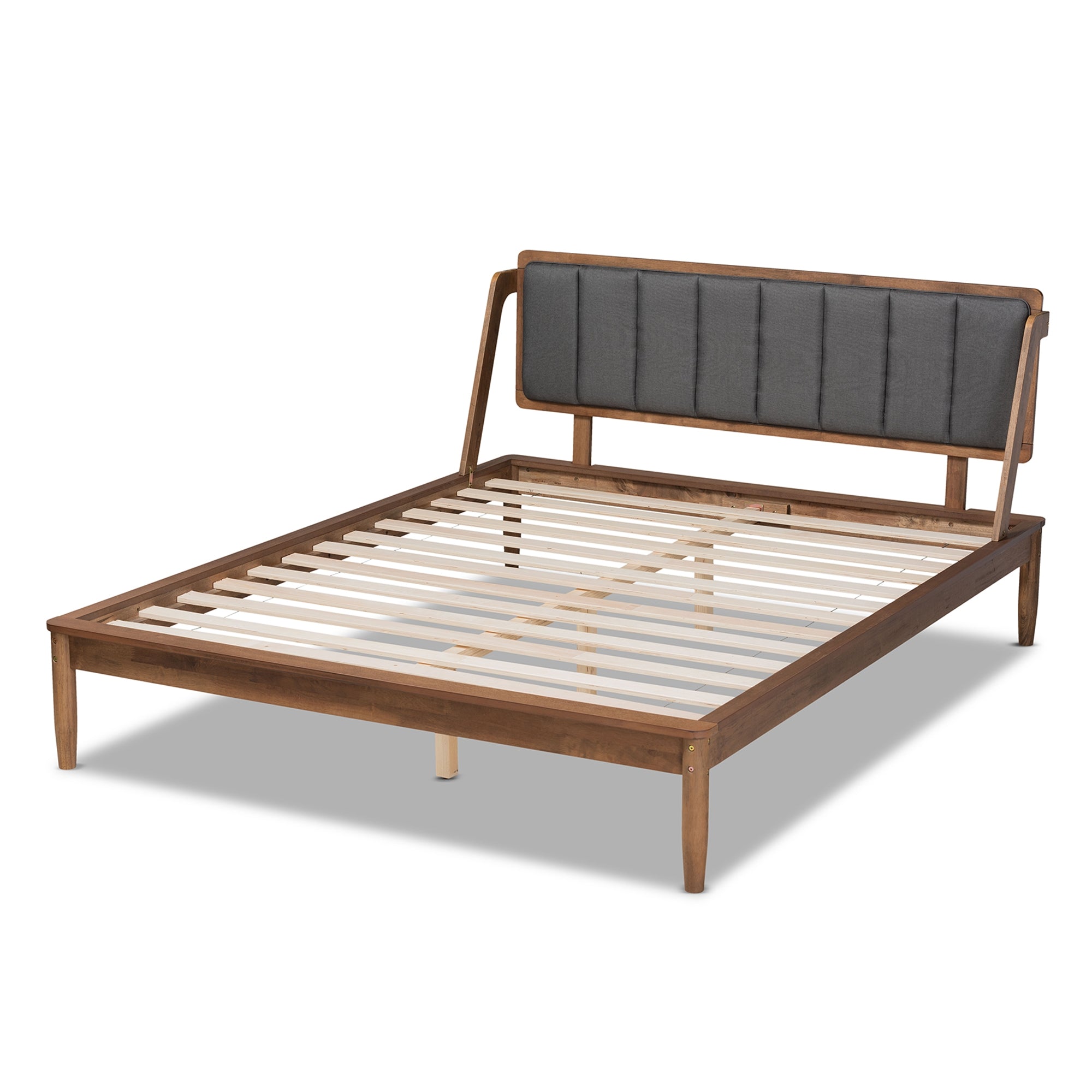 Baxton Studio Helsa Mid-Century Modern Dark Grey Fabric Upholstered and Walnut Finished Queen Size Platform Bed