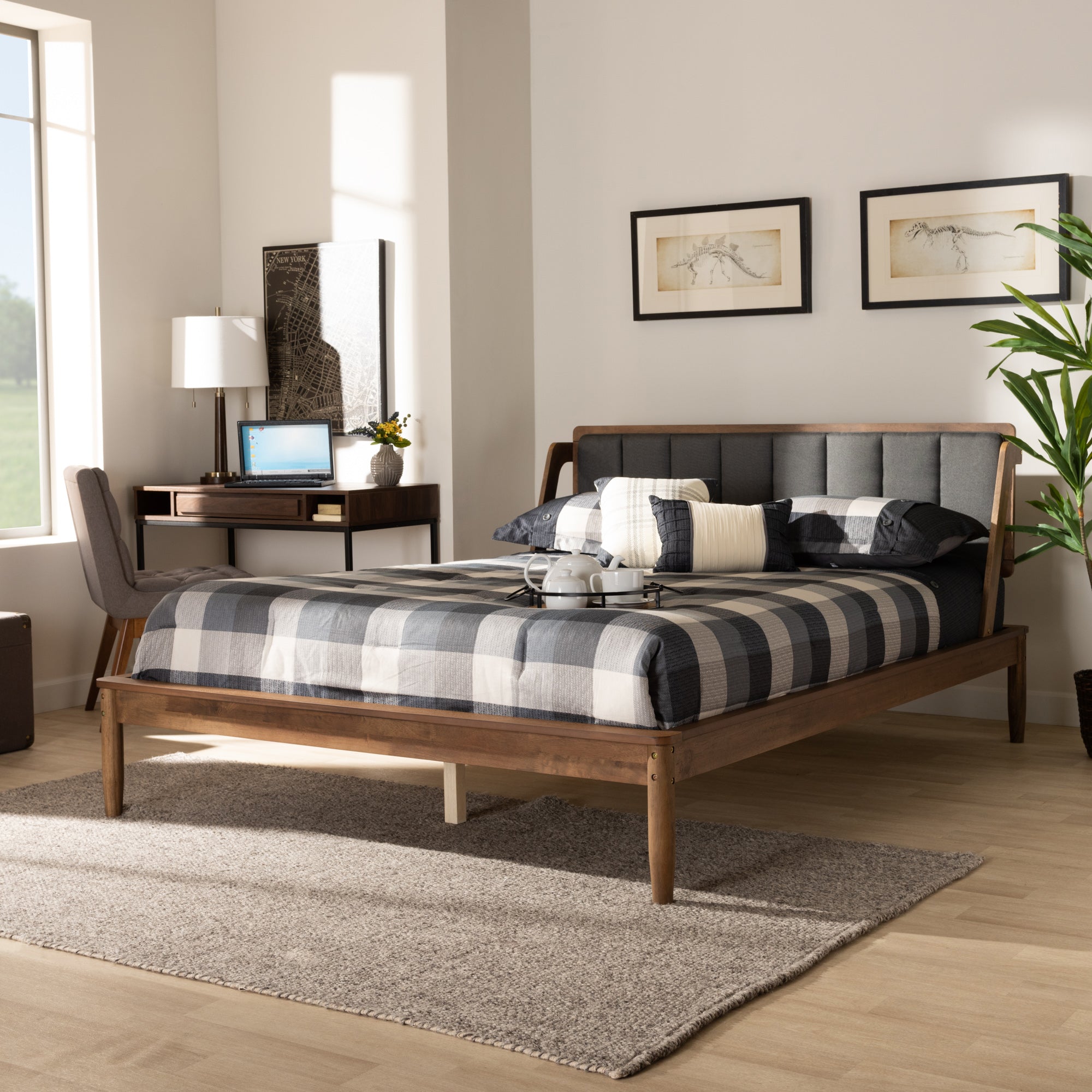 Baxton Studio Helsa Mid-Century Modern Dark Grey Fabric Upholstered and Walnut Finished Queen Size Platform Bed