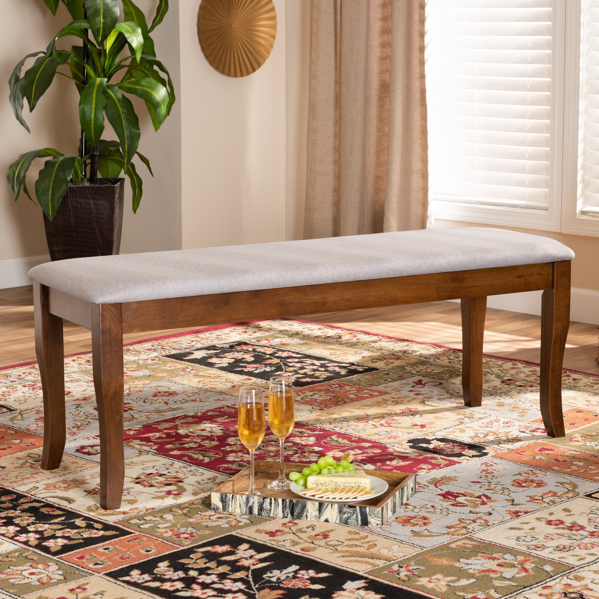 Baxton Studio Cornelie Modern and Contemporary Transitional Grey Fabric Upholstered and Walnut Brown Finished Wood Dining Bench