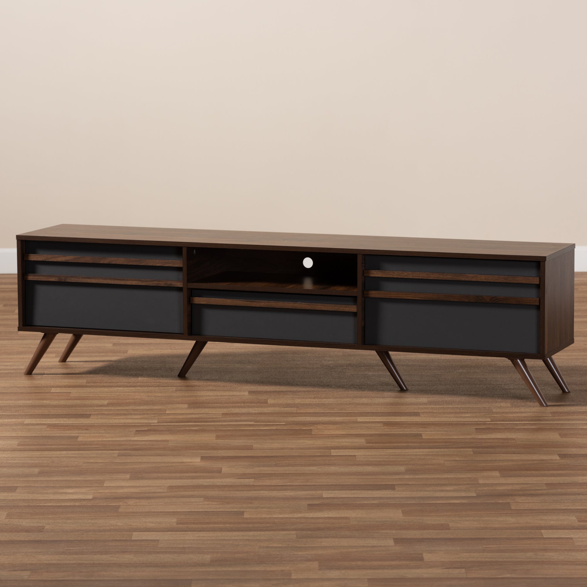 Baxton Studio Naoki Modern and Contemporary Two-Tone Grey and Walnut Finished Wood TV Stand with Drop-Down Compartments
