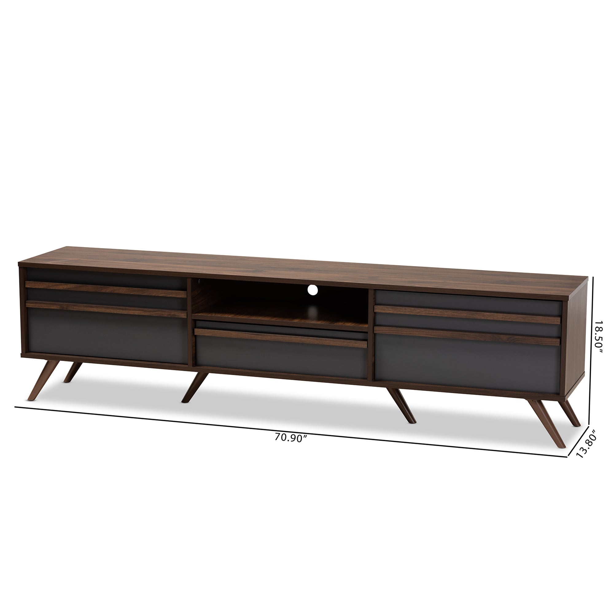 Baxton Studio Naoki Modern and Contemporary Two-Tone Grey and Walnut Finished Wood TV Stand with Drop-Down Compartments